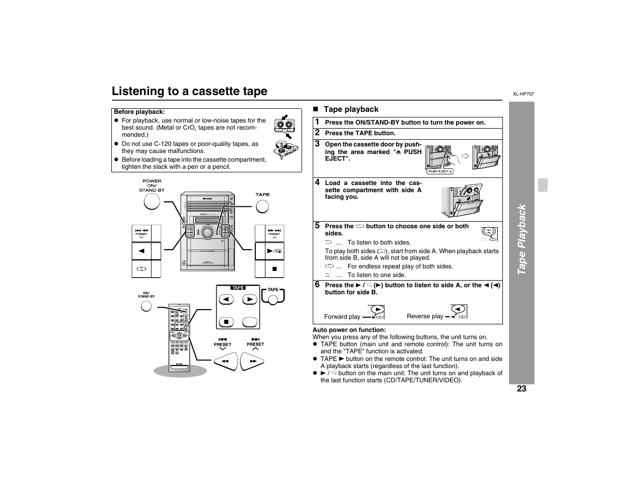 Listening to a cassette tape, Ta pe play back | Sharp XL-HP707 User Manual | Page 23 / 36