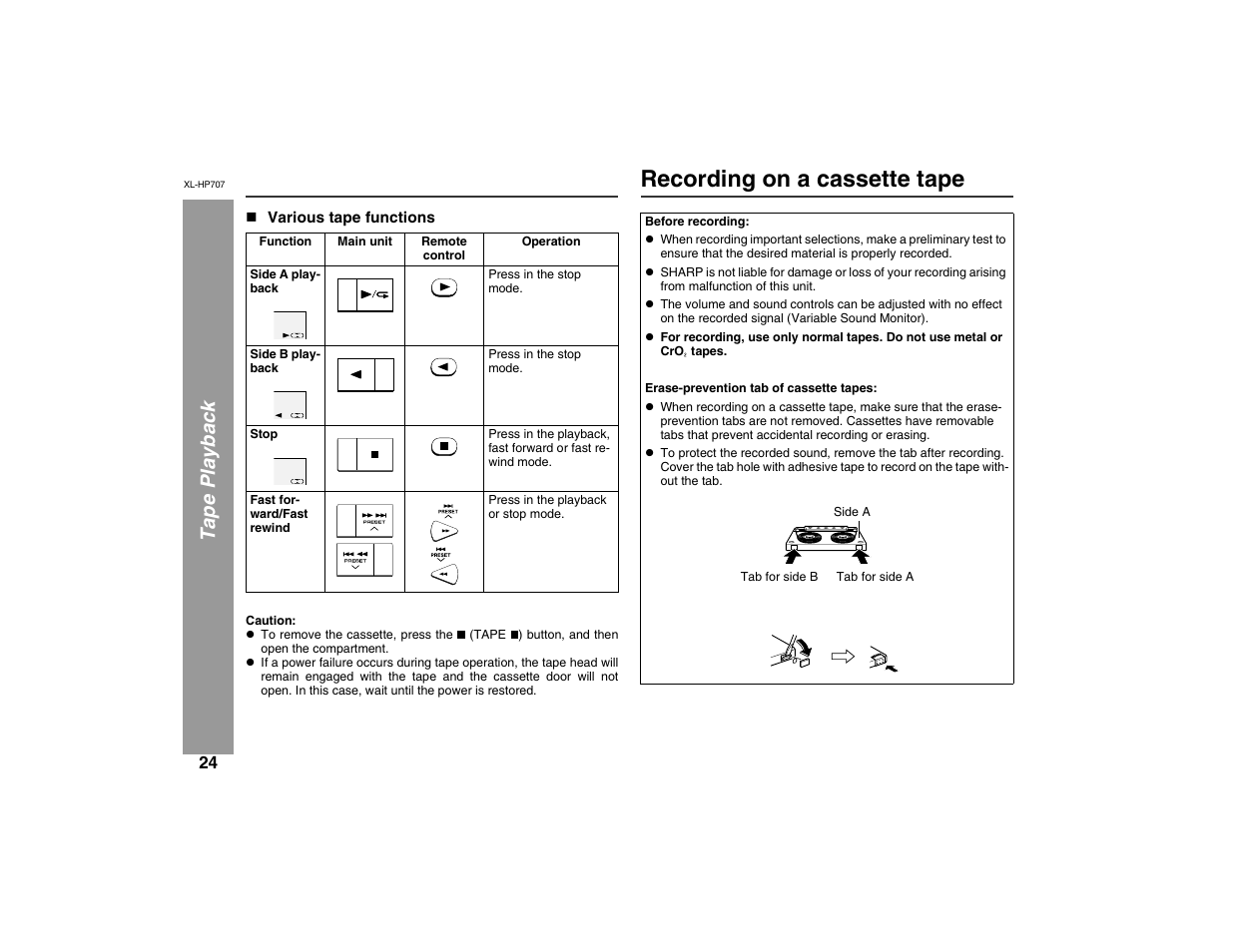 Recording on a cassette tape, Ta pe play back | Sharp XL-HP707 User Manual | Page 24 / 36