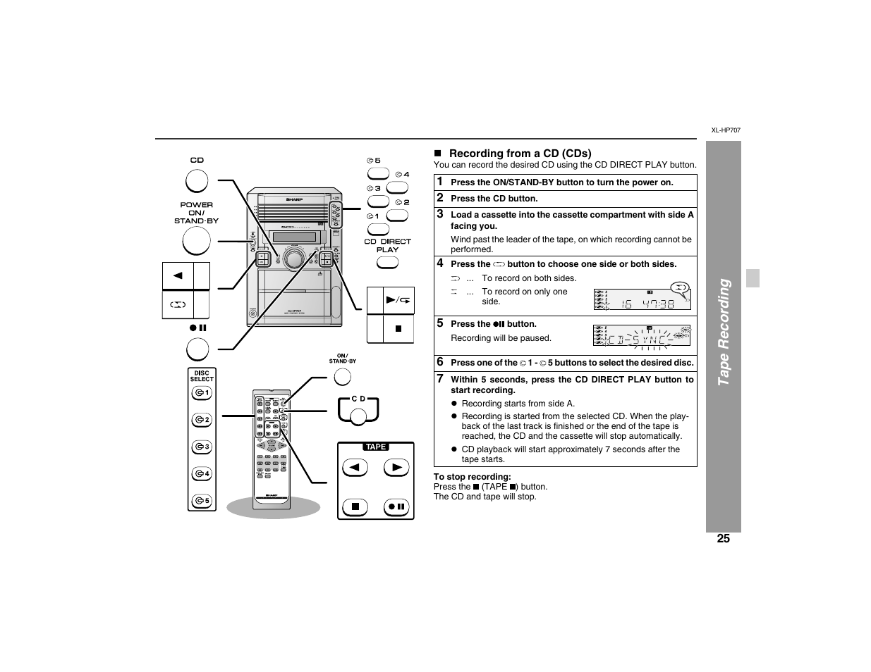 Ta pe rec ording | Sharp XL-HP707 User Manual | Page 25 / 36