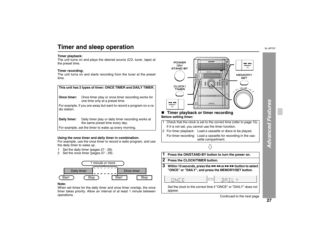 Timer and sleep operation, Adv anced f eatures | Sharp XL-HP707 User Manual | Page 27 / 36