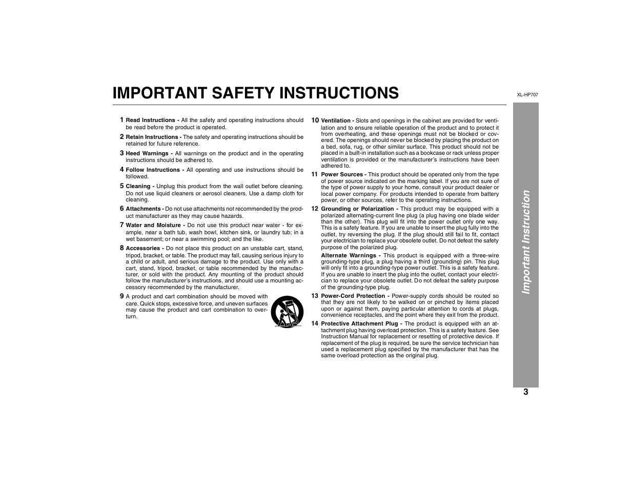 Important safety instructions, Imp ortant ins truction | Sharp XL-HP707 User Manual | Page 3 / 36