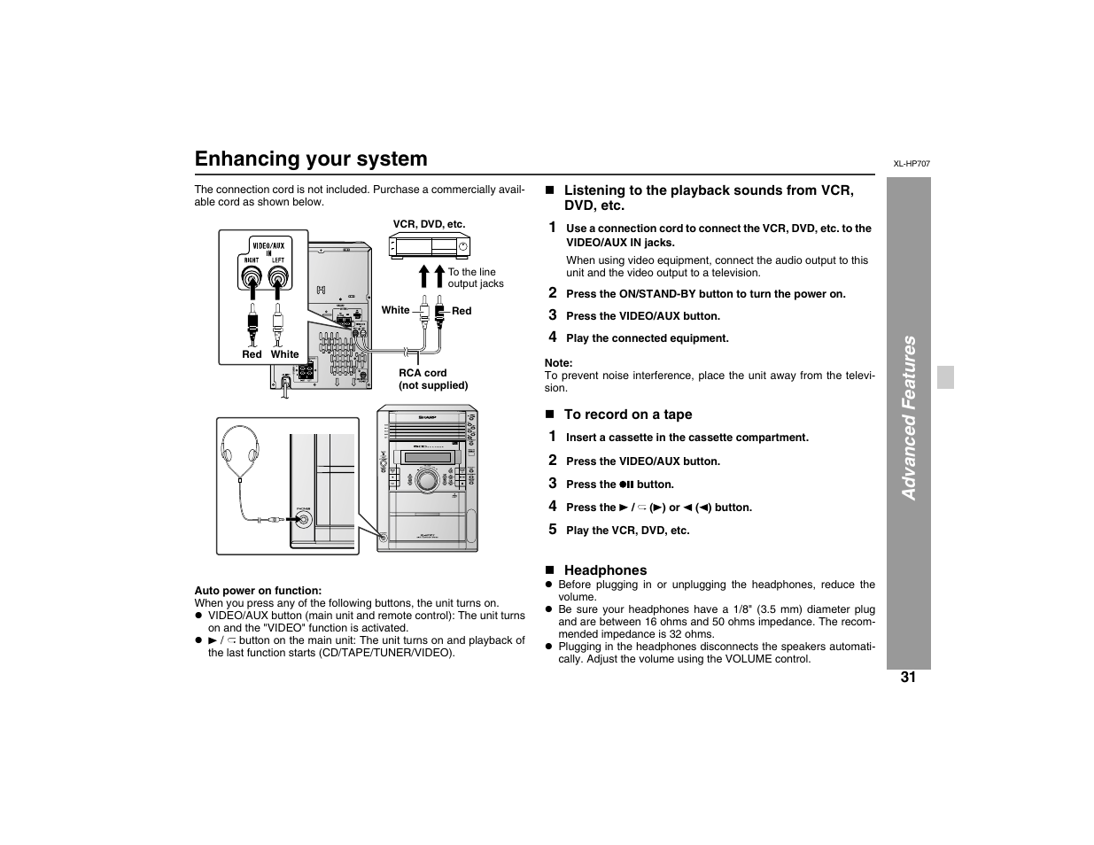 Enhancing your system, Adv anced f eatures | Sharp XL-HP707 User Manual | Page 31 / 36