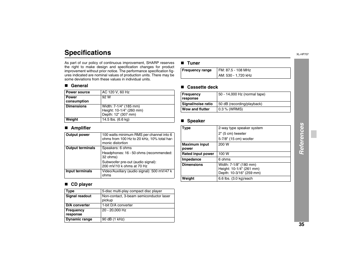 Specifications, Referenc es | Sharp XL-HP707 User Manual | Page 35 / 36