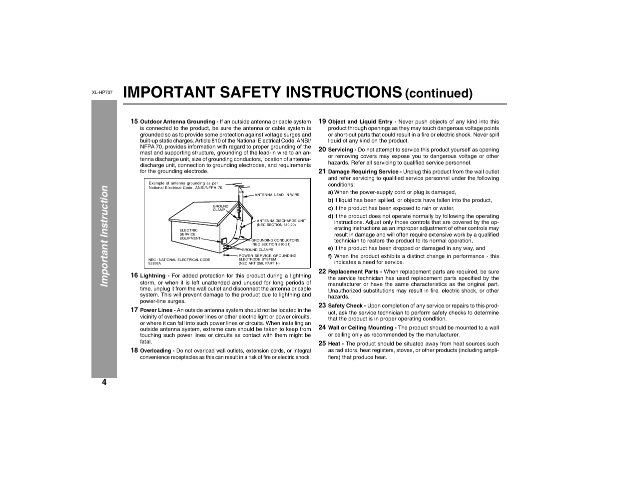 Important safety instructions, Continued), Imp ortant ins truction | Sharp XL-HP707 User Manual | Page 4 / 36