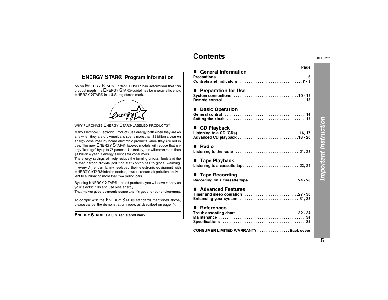 Sharp XL-HP707 User Manual | Page 5 / 36