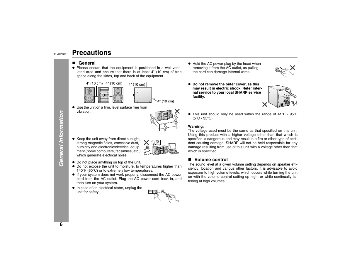 Precautions, Ge neral info rmation | Sharp XL-HP707 User Manual | Page 6 / 36