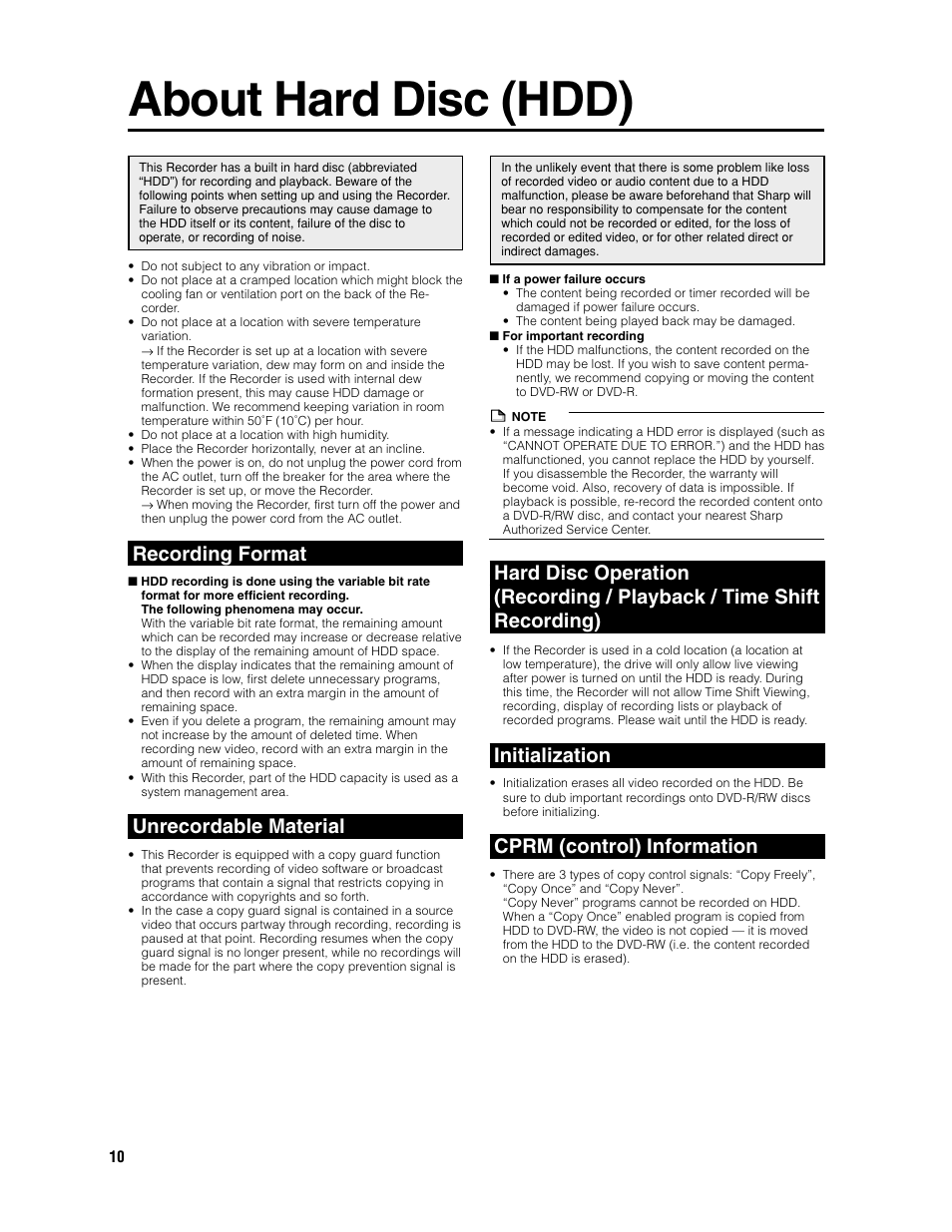 About hard disc (hdd), Recording format, Unrecordable material | Initialization, Cprm (control) information | Sharp DV-HR300U User Manual | Page 10 / 126