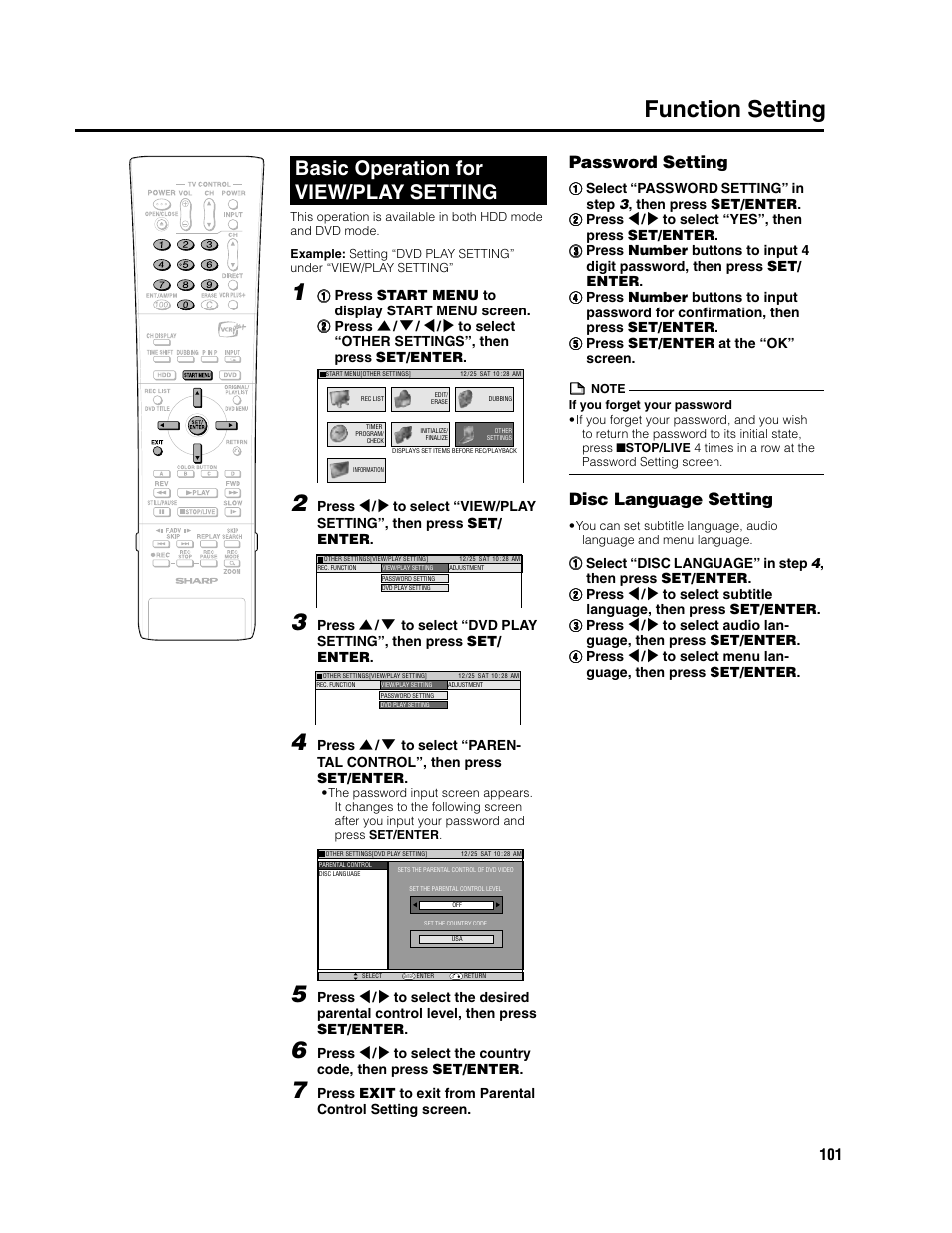 Function setting, Basic operation for view/play setting, Password setting | Disc language setting | Sharp DV-HR300U User Manual | Page 101 / 126