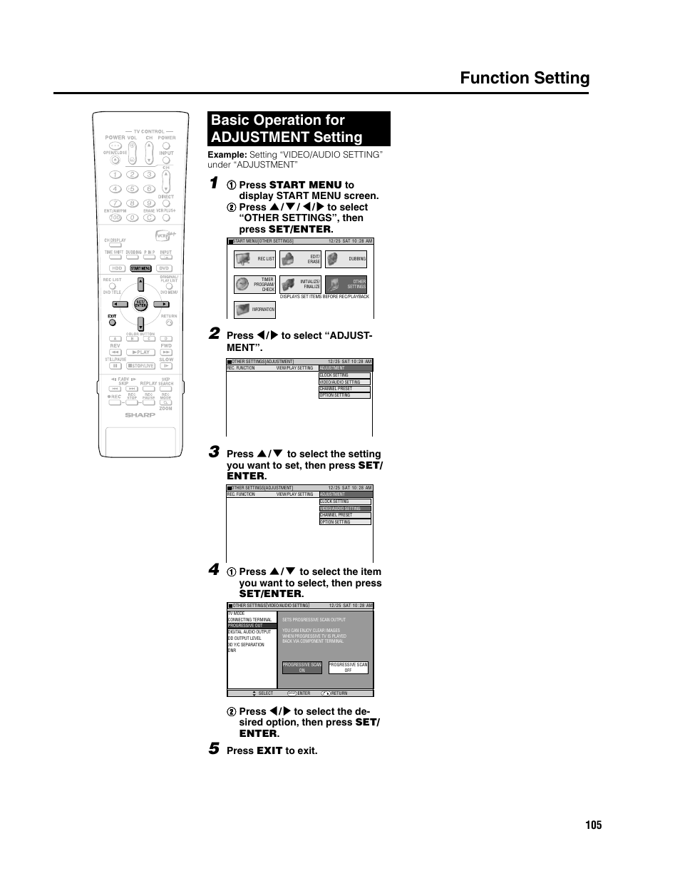 Function setting, Basic operation for adjustment setting, Press \ / | to select “adjust- ment | Press exit to exit | Sharp DV-HR300U User Manual | Page 105 / 126