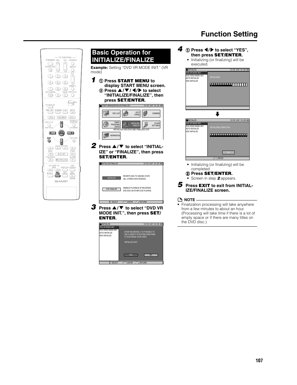 Function setting, Basic operation for initialize/finalize, 22 press set/enter | Sharp DV-HR300U User Manual | Page 107 / 126