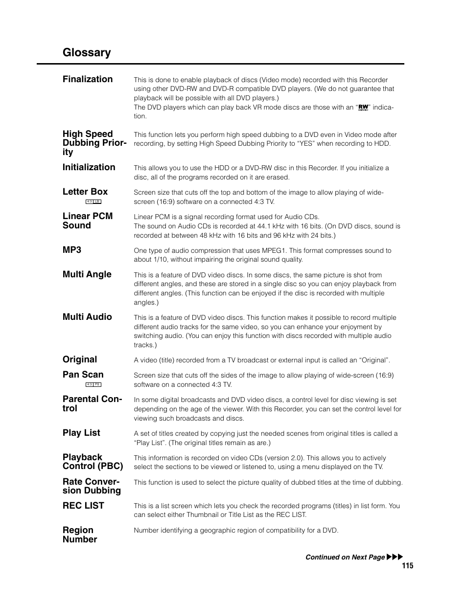 Glossary | Sharp DV-HR300U User Manual | Page 115 / 126