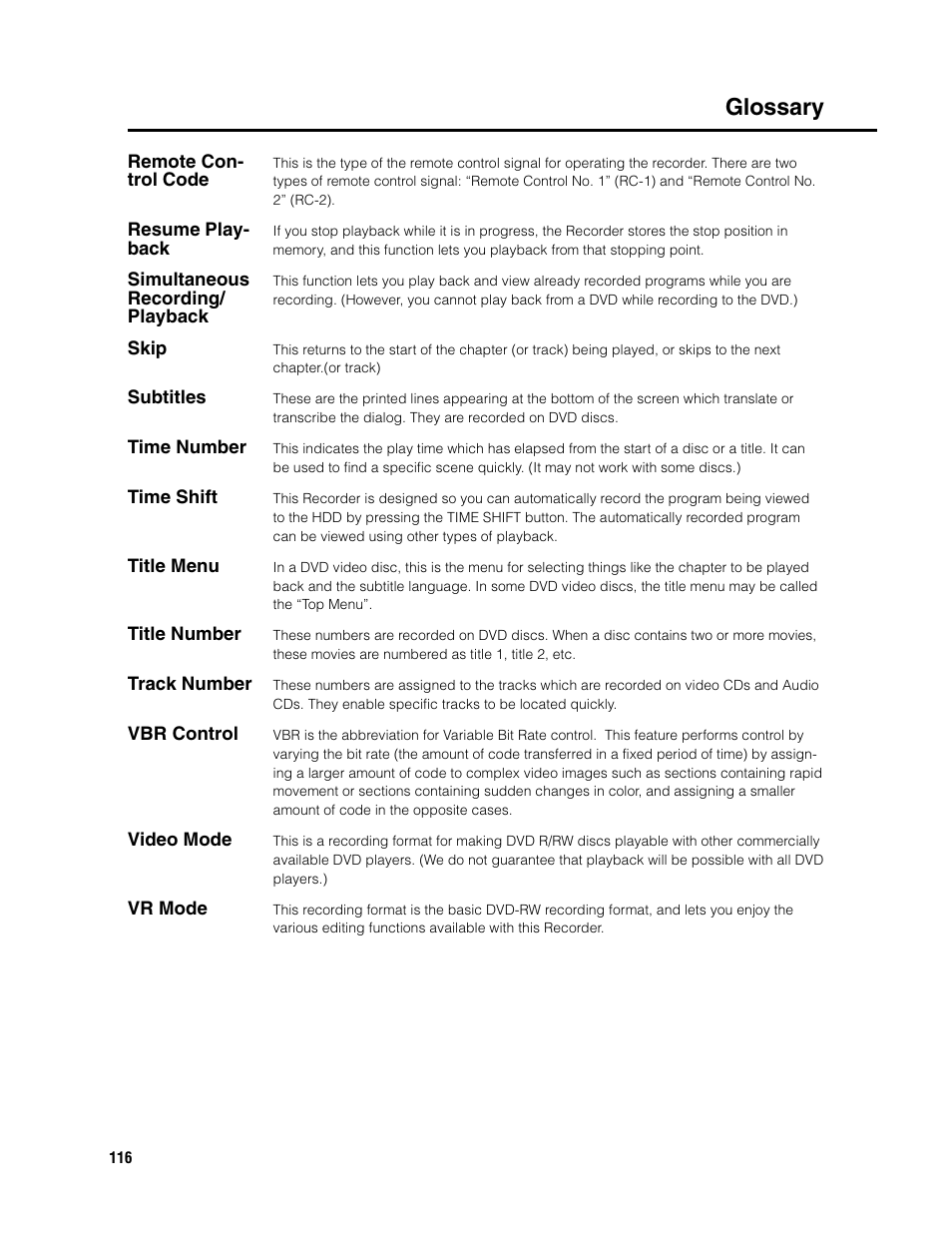 Glossary | Sharp DV-HR300U User Manual | Page 116 / 126