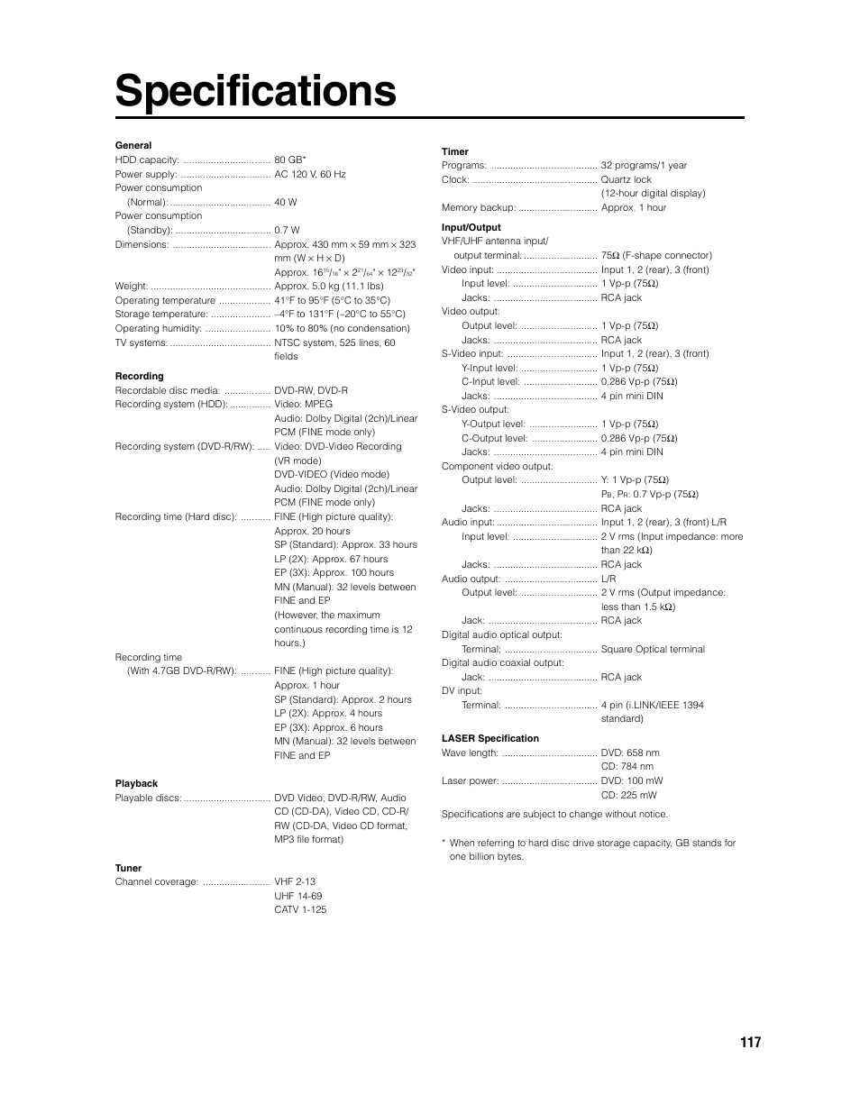 Specifications | Sharp DV-HR300U User Manual | Page 117 / 126