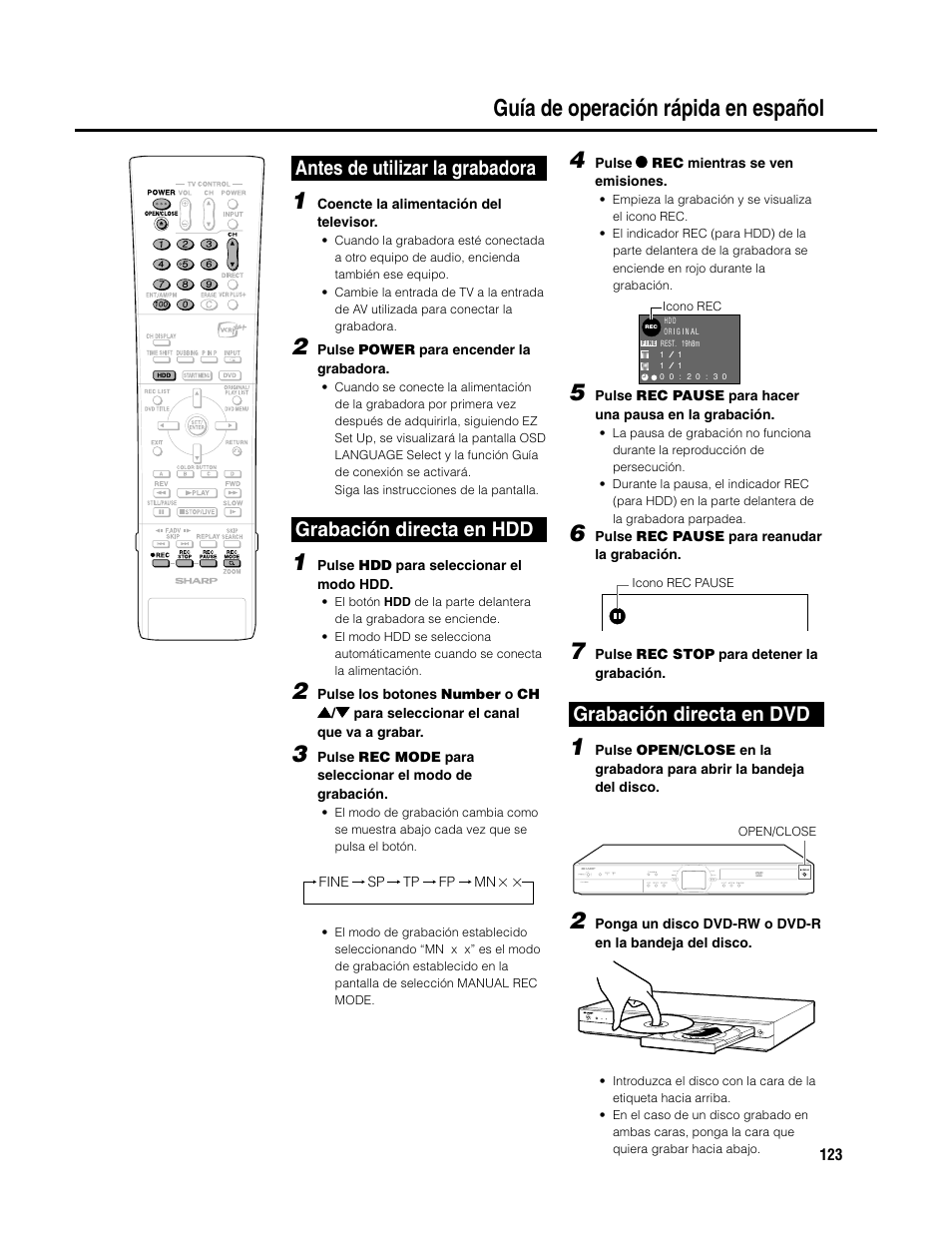 Guía de operación rápida en español 4, Antes de utilizar la grabadora, Grabación directa en hdd | Grabación directa en dvd | Sharp DV-HR300U User Manual | Page 123 / 126