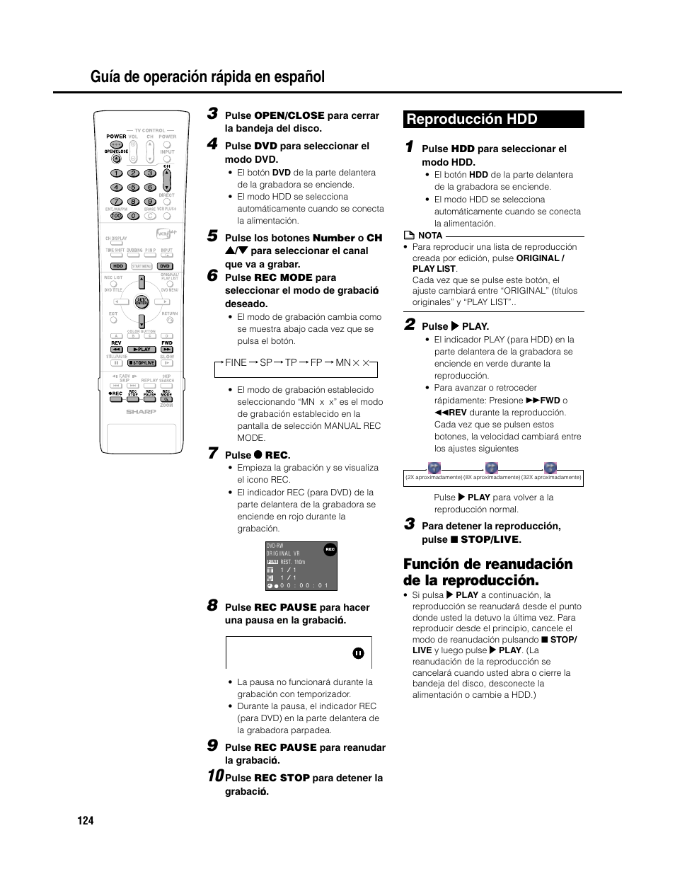 Guía de operación rápida en español, Función de reanudación de la reproducción, Reproducción hdd | Sharp DV-HR300U User Manual | Page 124 / 126