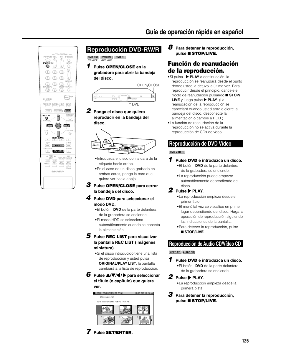 Guía de operación rápida en español, Función de reanudación de la reproducción, Reproducción de dvd vídeo | Reproducción de audio cd/vídeo cd, Reproducción dvd-rw/r | Sharp DV-HR300U User Manual | Page 125 / 126