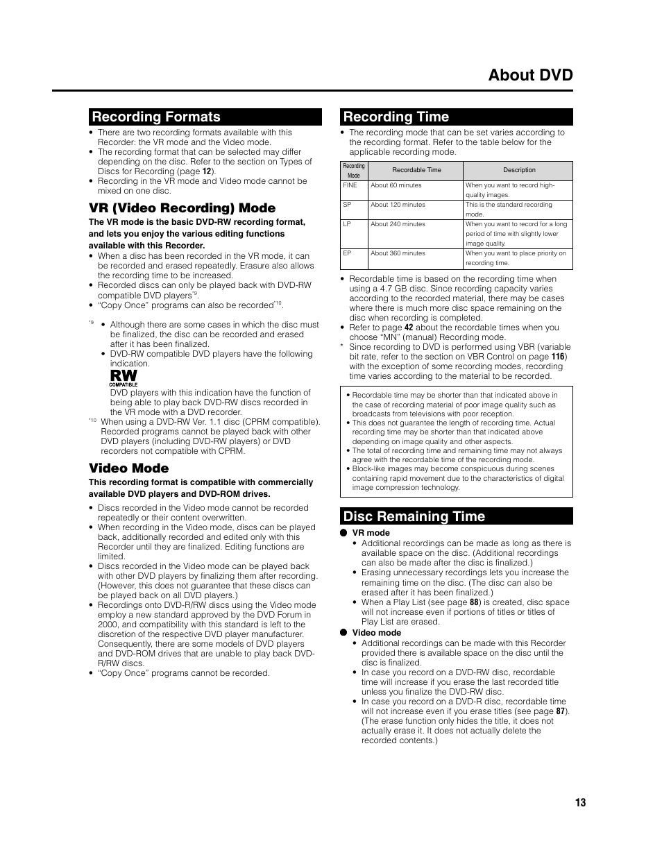 About dvd, Recording formats, Recording time | Disc remaining time, Vr (video recording) mode, Video mode | Sharp DV-HR300U User Manual | Page 13 / 126