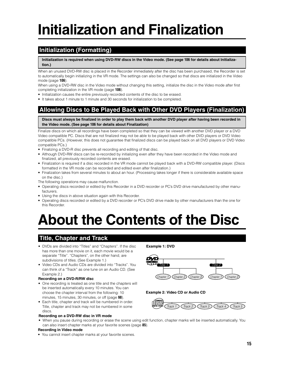 Initialization and finalization, About the contents of the disc, Initialization (formatting) | Title, chapter and track | Sharp DV-HR300U User Manual | Page 15 / 126