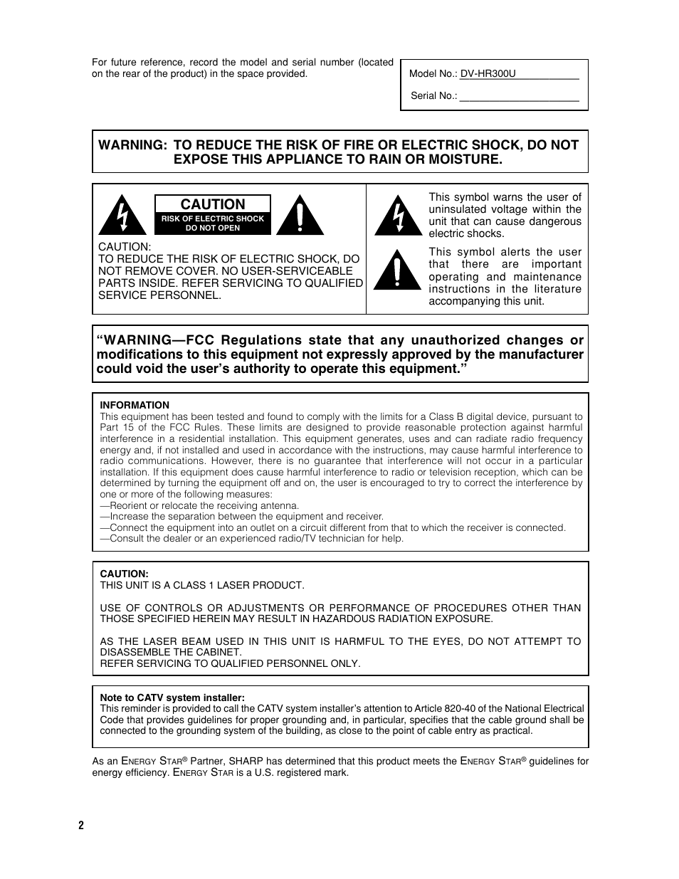 Caution | Sharp DV-HR300U User Manual | Page 2 / 126