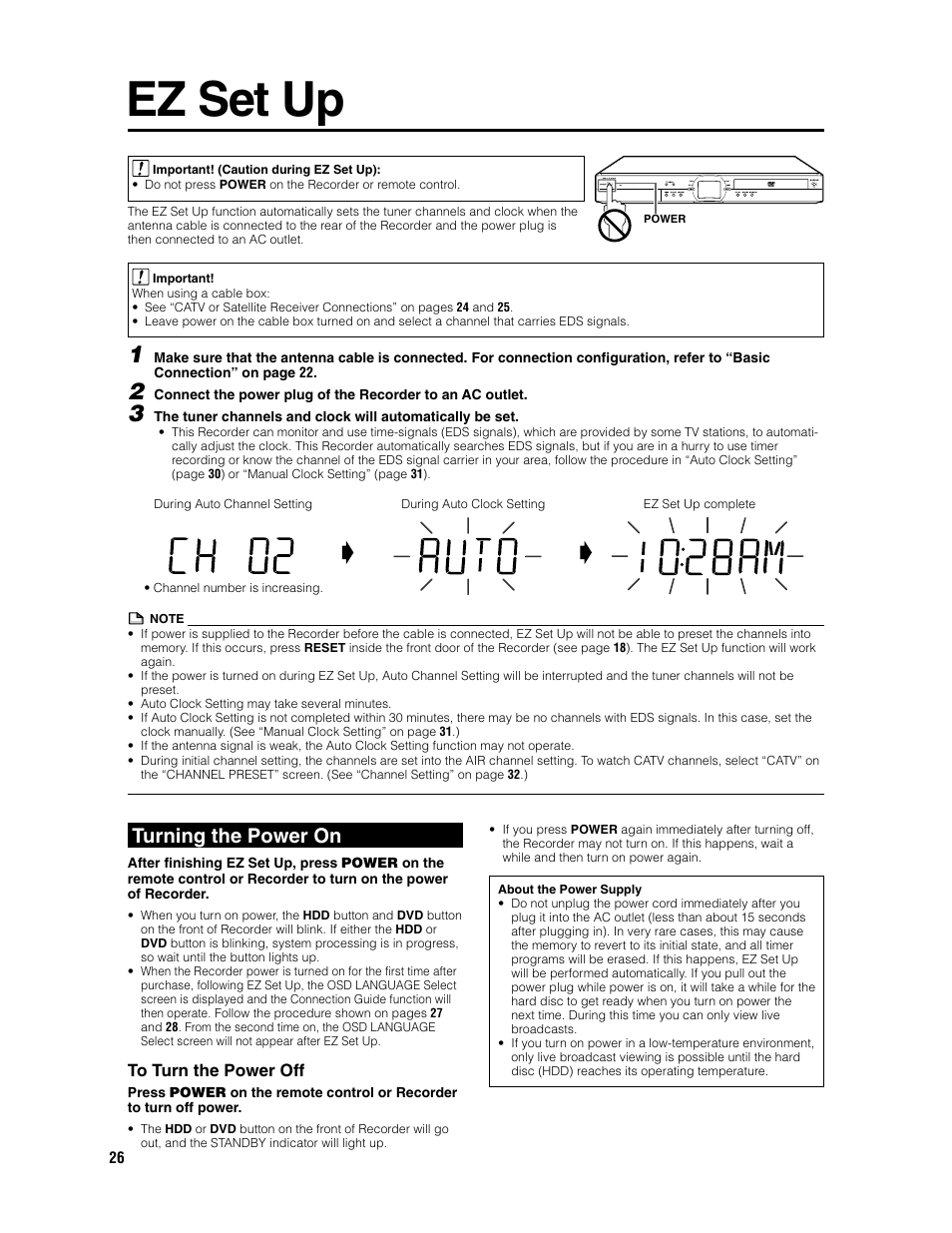 Ez set up, Turning the power on | Sharp DV-HR300U User Manual | Page 26 / 126