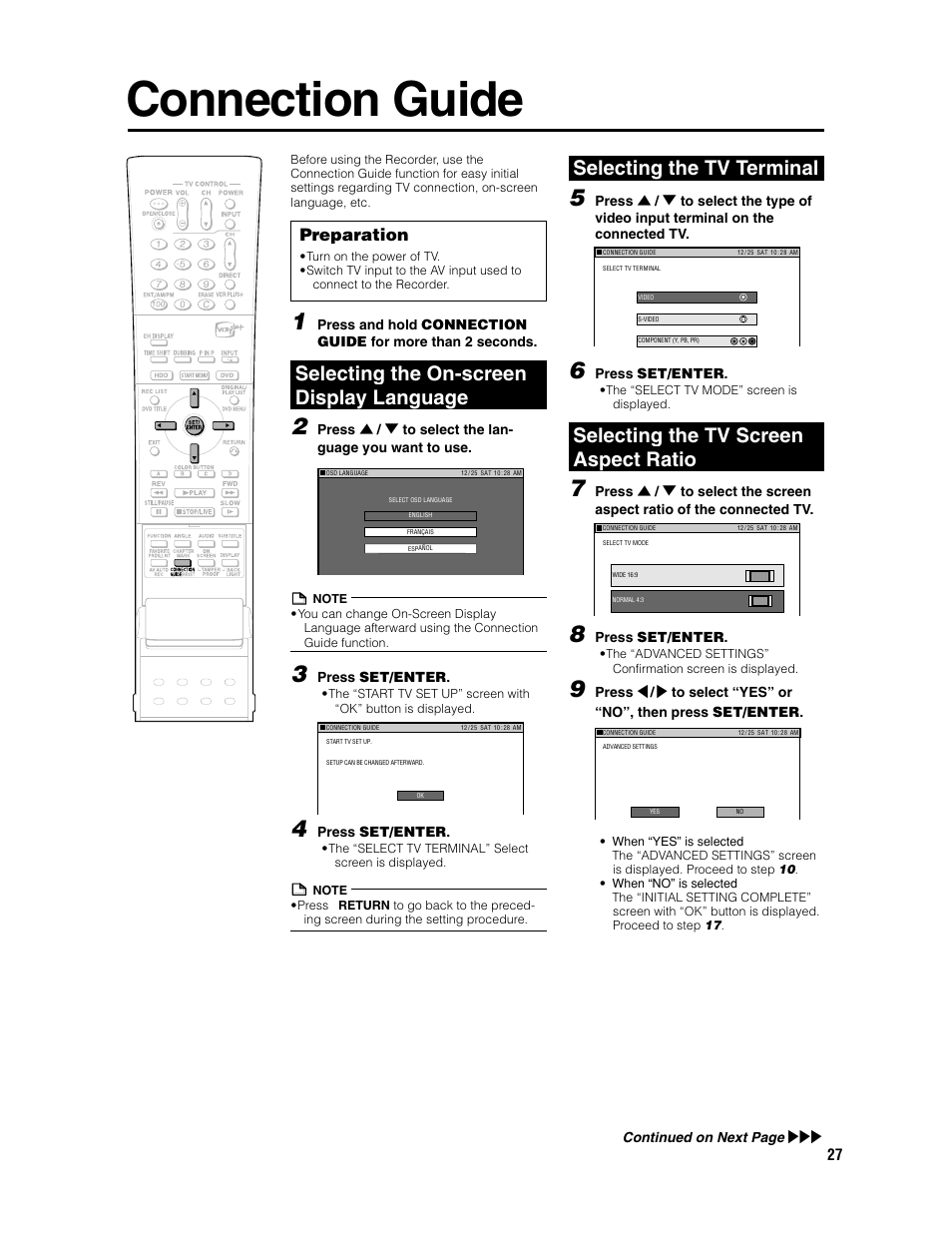 Connection guide, Selecting the on-screen display language, Selecting the tv terminal | Selecting the tv screen aspect ratio, Preparation, Press set/enter, Continued on next page | Sharp DV-HR300U User Manual | Page 27 / 126