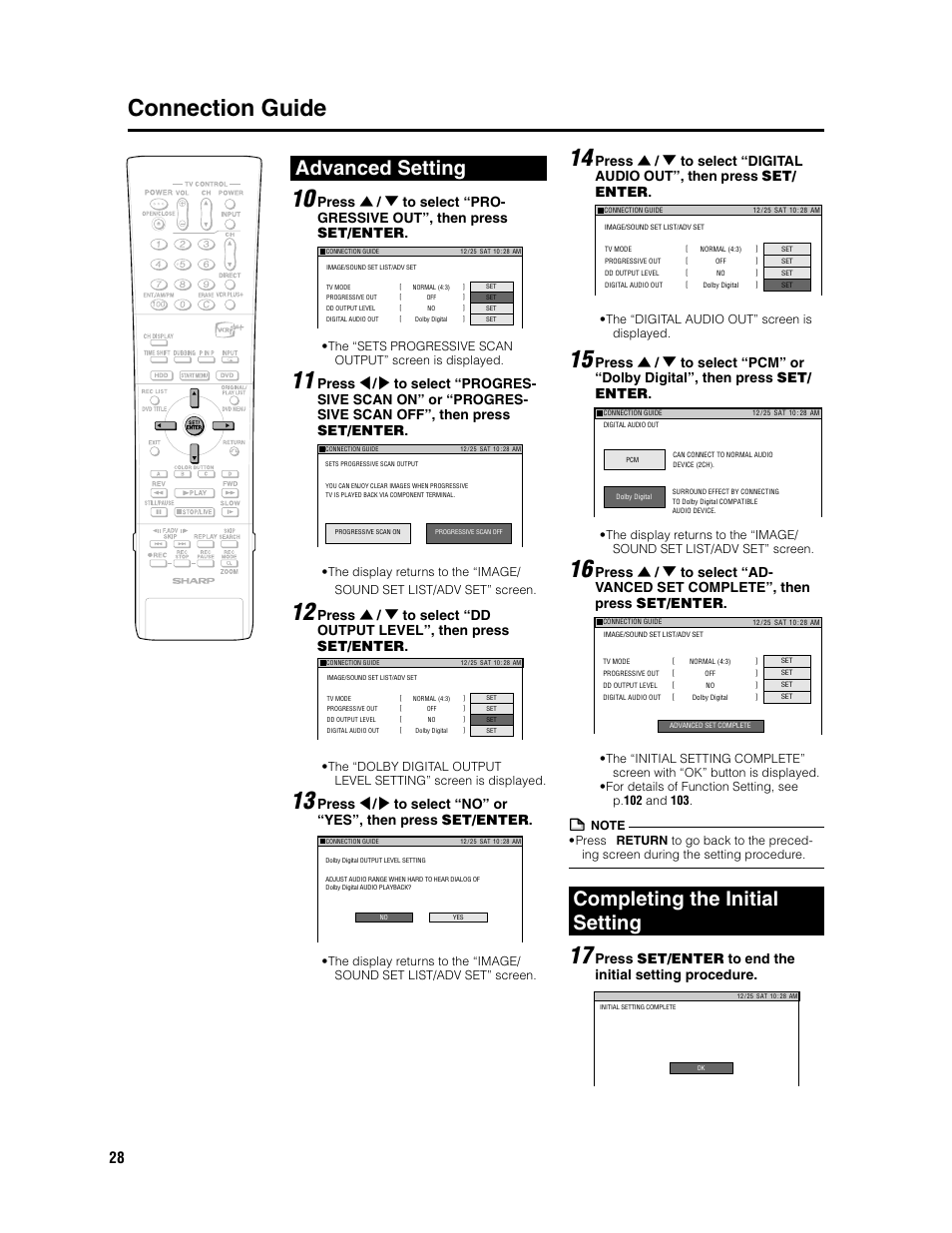 Connection guide 14, Advanced setting, Completing the initial setting | The “digital audio out” screen is displayed | Sharp DV-HR300U User Manual | Page 28 / 126