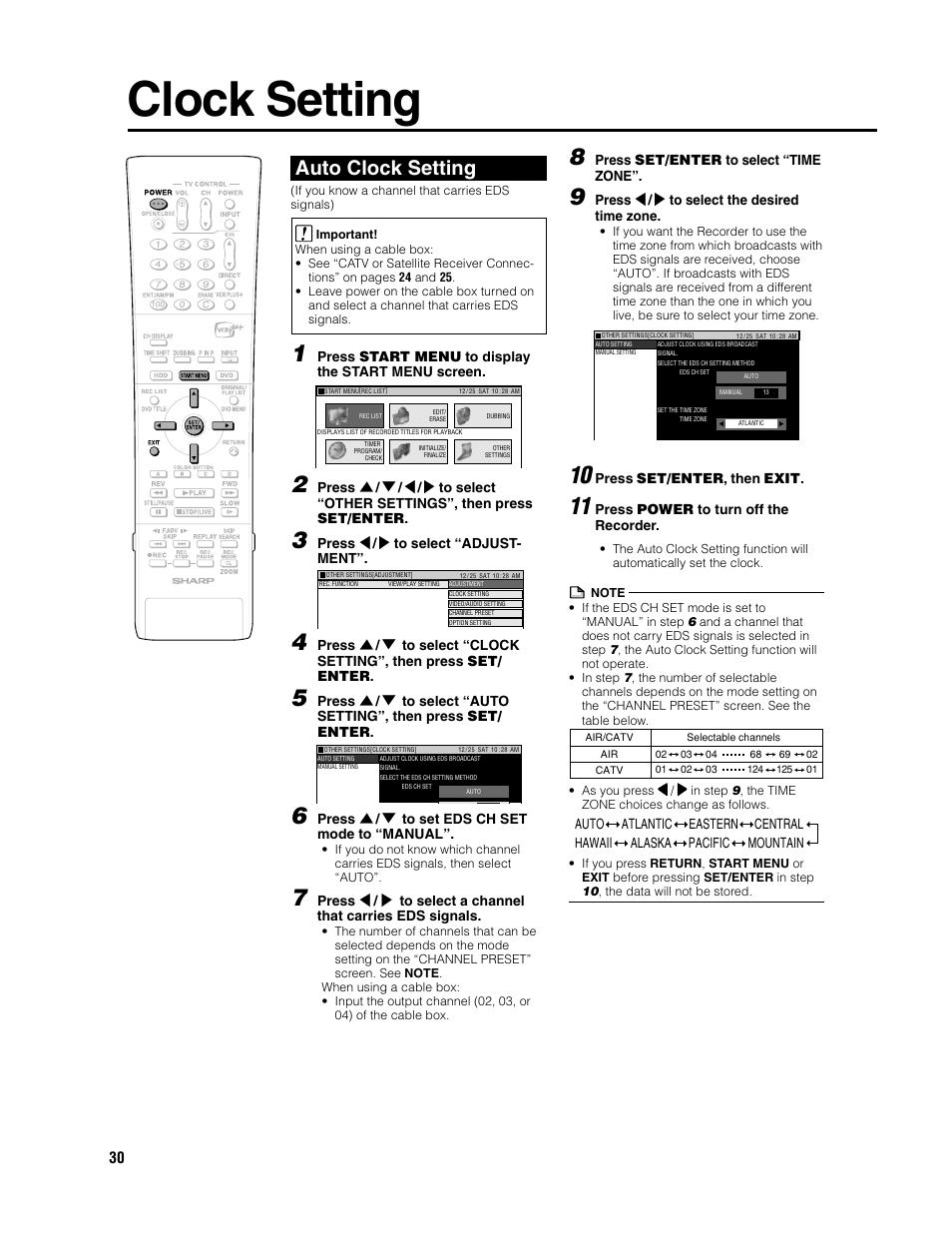 Clock setting, Auto clock setting, Press set/enter to select “time zone | Press \ / | to select the desired time zone, Press set/enter, then exit, Press power to turn off the recorder, Press start menu to display the start menu screen, Press \ / | to select “adjust- ment, Press ' / 