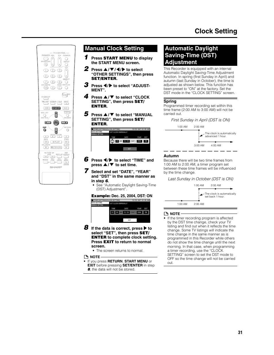 Clock setting, Manual clock setting, Automatic daylight saving-time (dst) adjustment | Press start menu to display the start menu screen, Press \ / | to select “adjust- ment, Spring, First sunday in april (dst is on), Autumn, Last sunday in october (dst is on) | Sharp DV-HR300U User Manual | Page 31 / 126