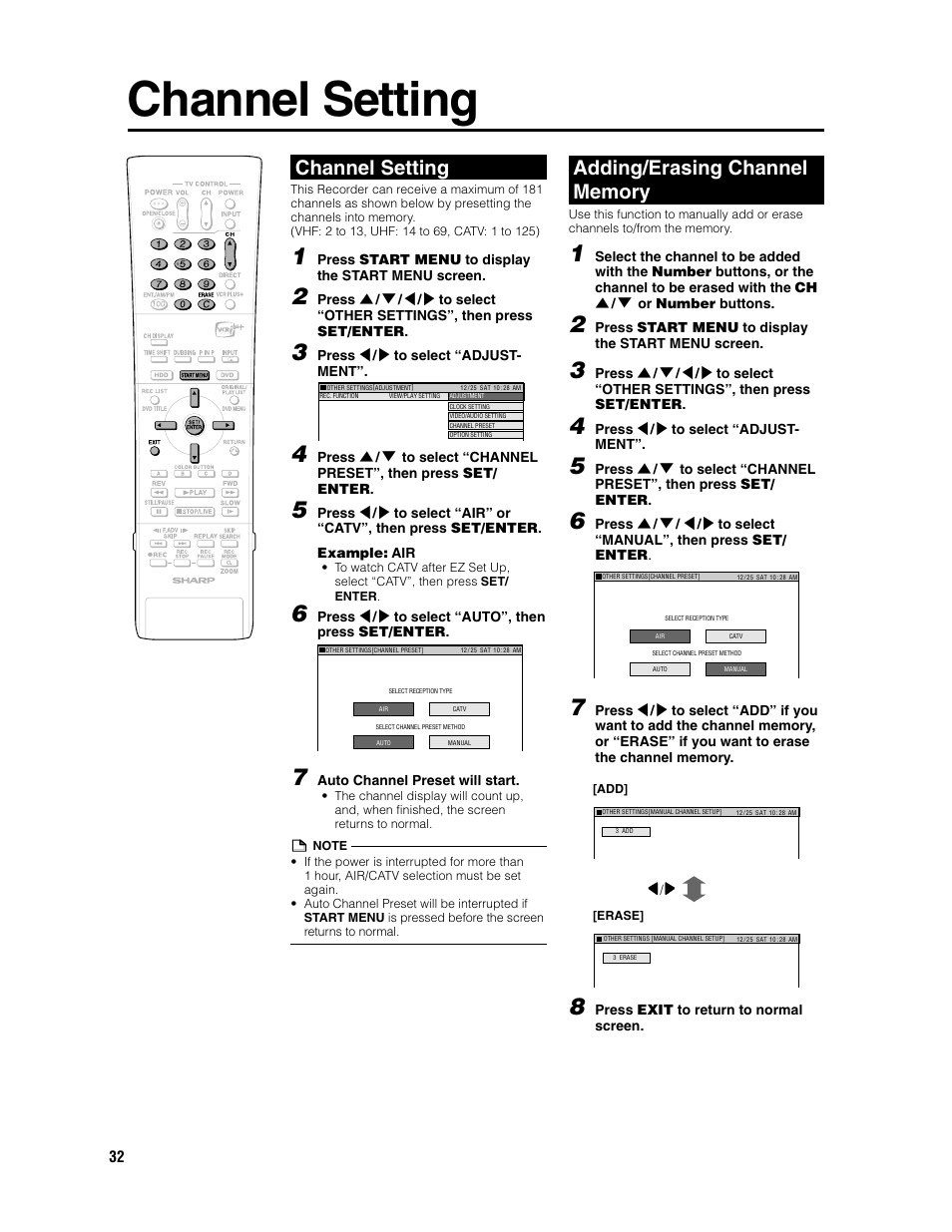 Channel setting | Sharp DV-HR300U User Manual | Page 32 / 126