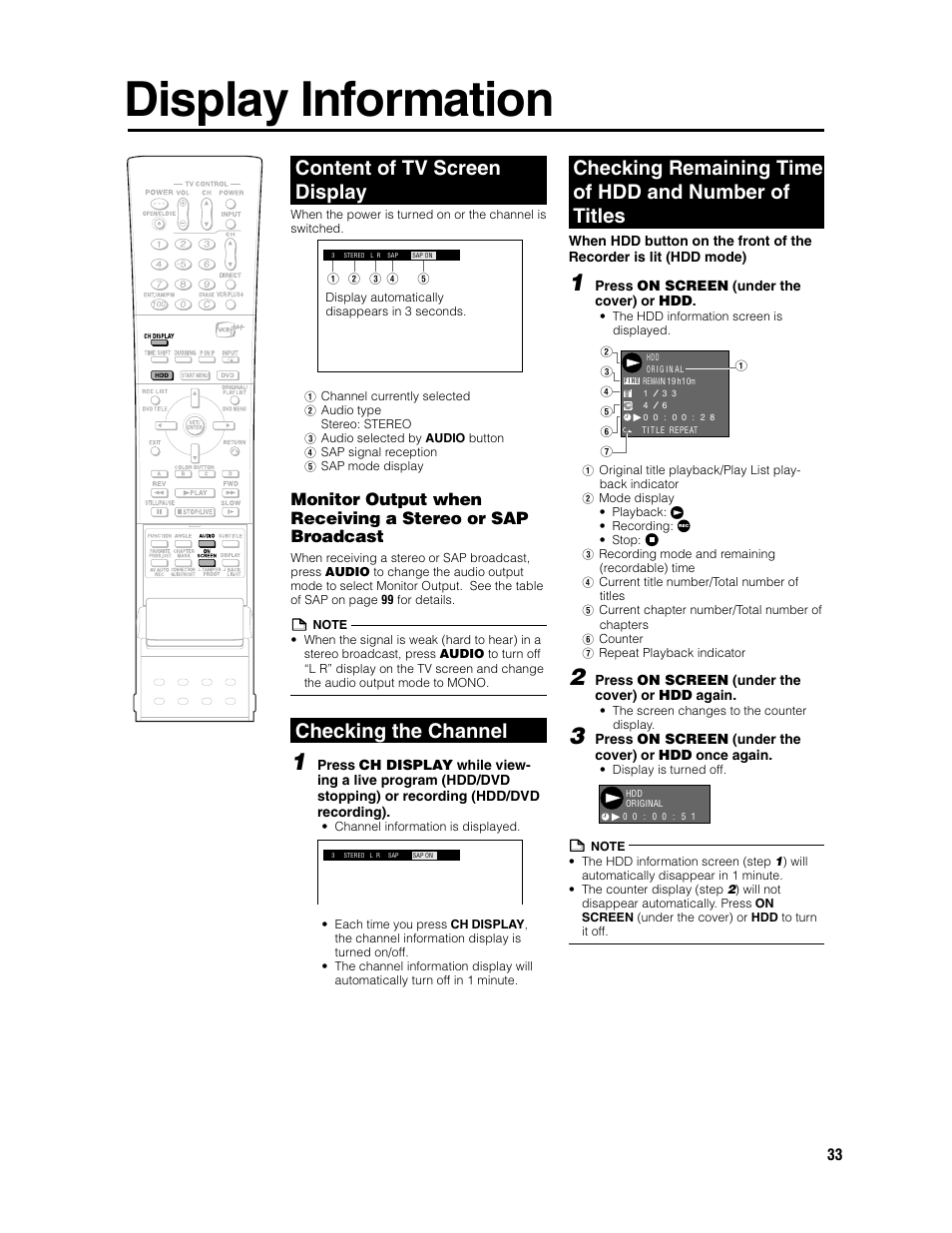 Display information, Content of tv screen display, Checking the channel | Sharp DV-HR300U User Manual | Page 33 / 126