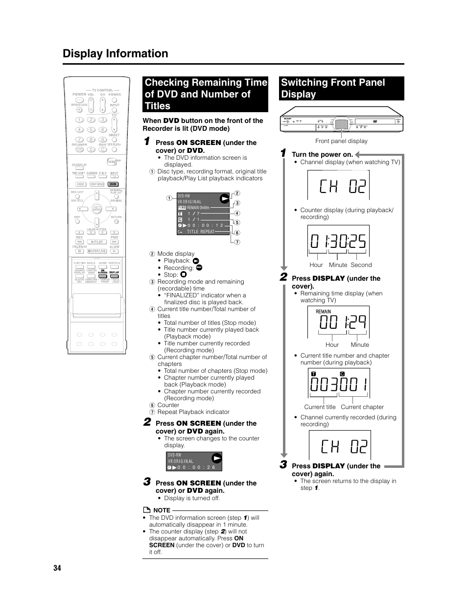 Display information, Switching front panel display | Sharp DV-HR300U User Manual | Page 34 / 126