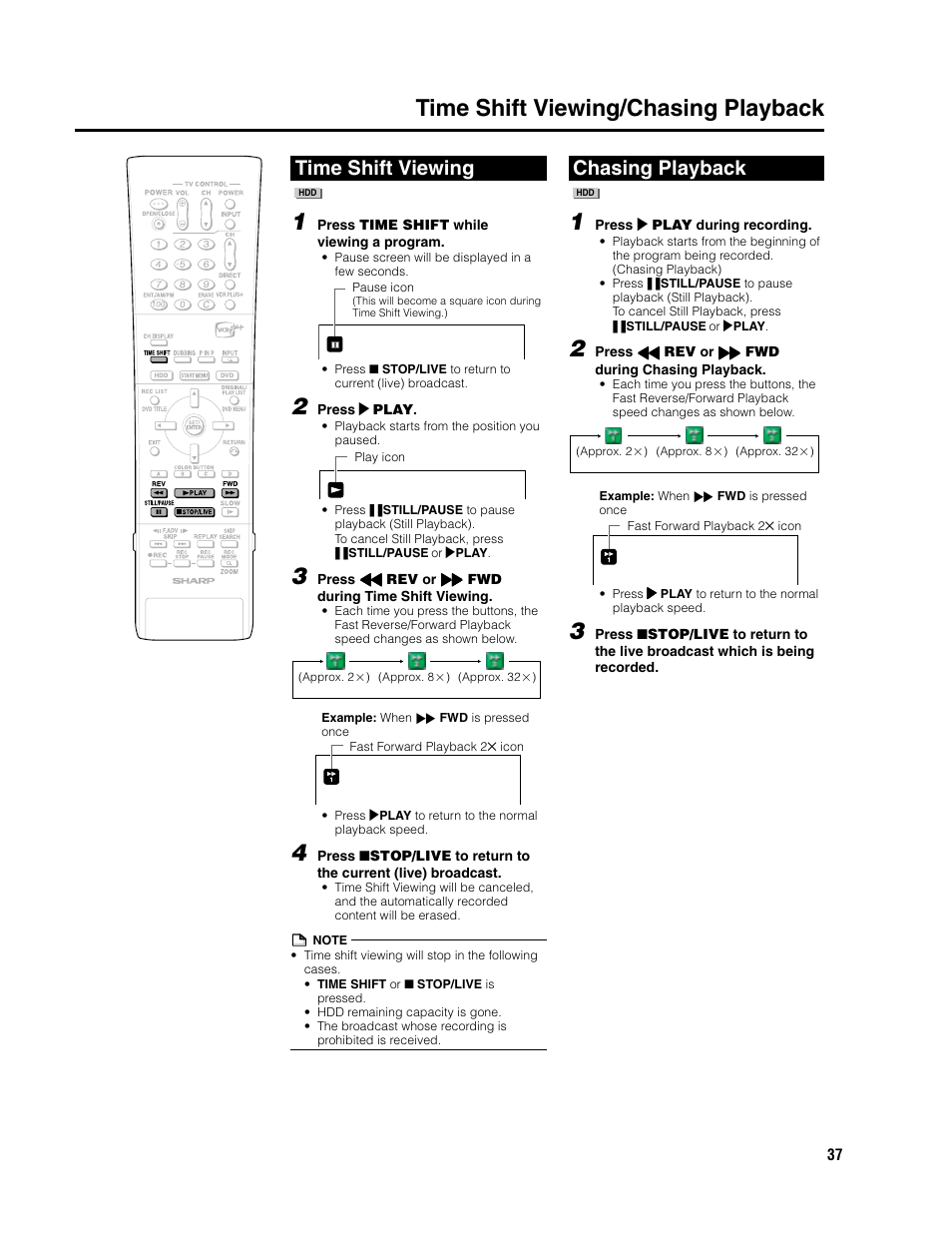 Time shift viewing/chasing playback, Time shift viewing, Chasing playback | Sharp DV-HR300U User Manual | Page 37 / 126