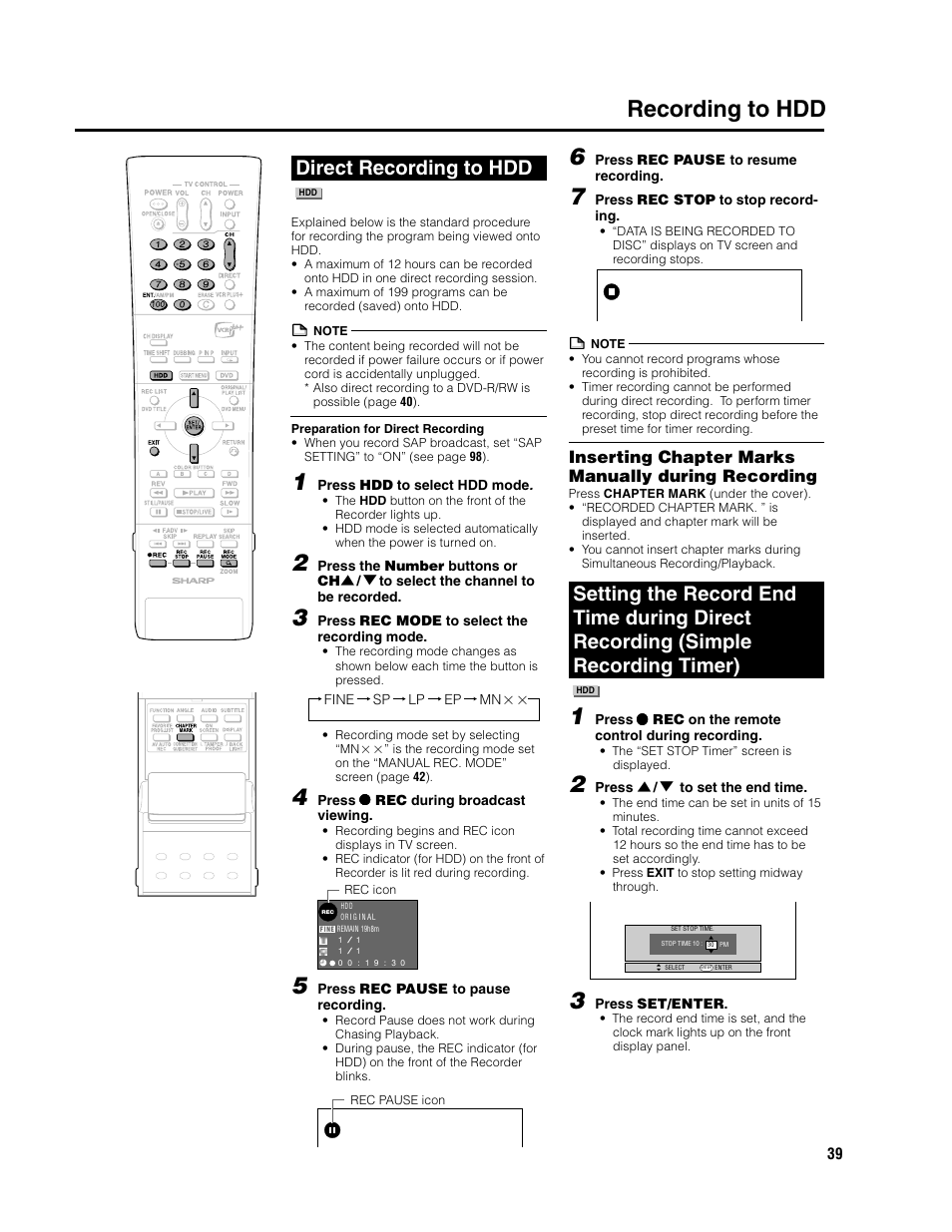 Recording to hdd, Direct recording to hdd, Inserting chapter marks manually during recording | Sharp DV-HR300U User Manual | Page 39 / 126