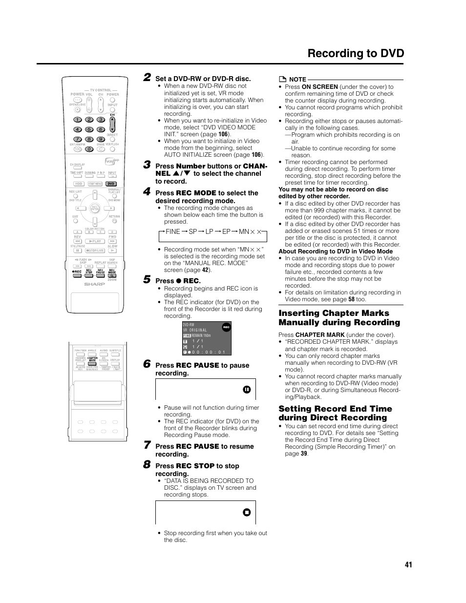 Recording to dvd 2, Inserting chapter marks manually during recording, Setting record end time during direct recording | Sharp DV-HR300U User Manual | Page 41 / 126