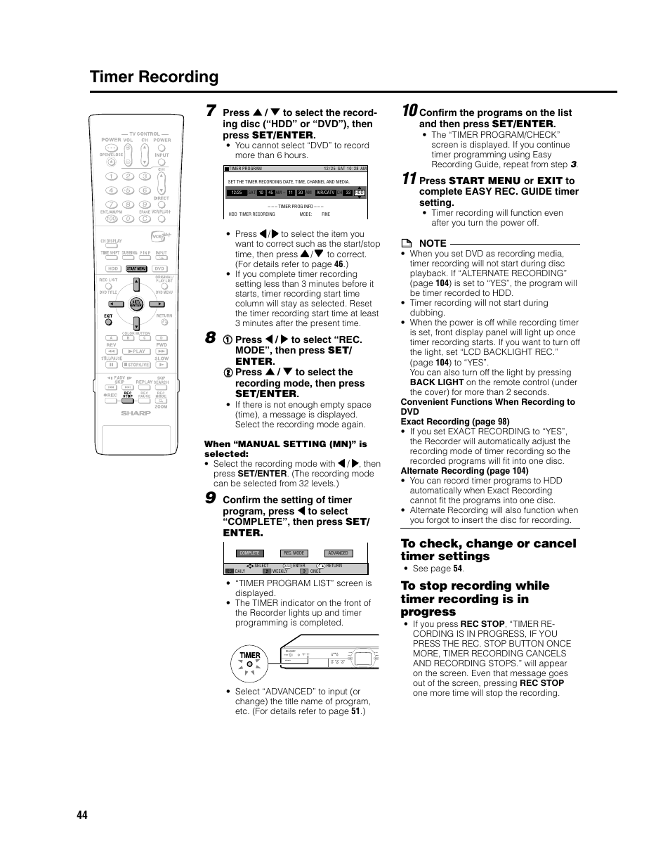 Timer recording 7 | Sharp DV-HR300U User Manual | Page 44 / 126