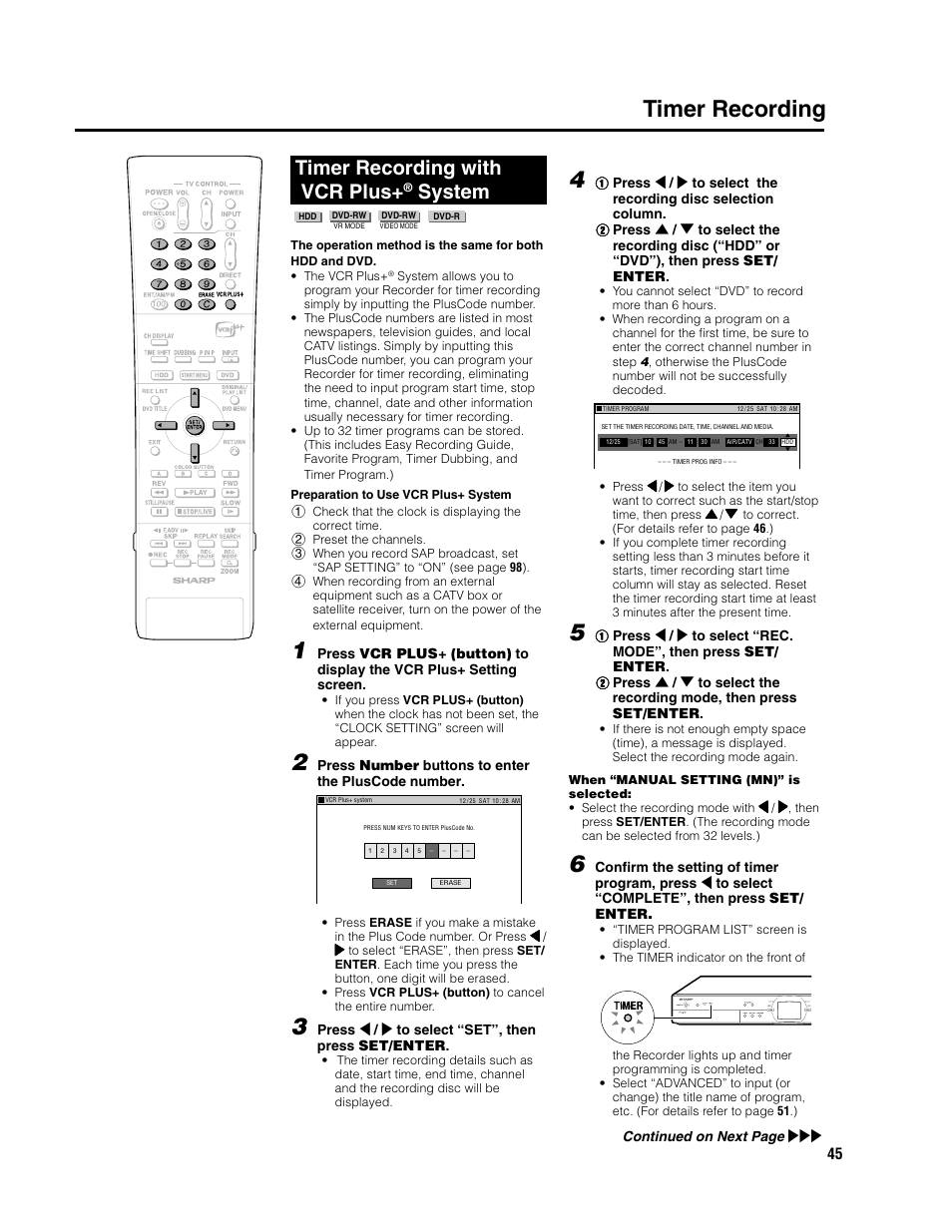 Timer recording, Timer recording with vcr plus, System | Sharp DV-HR300U User Manual | Page 45 / 126