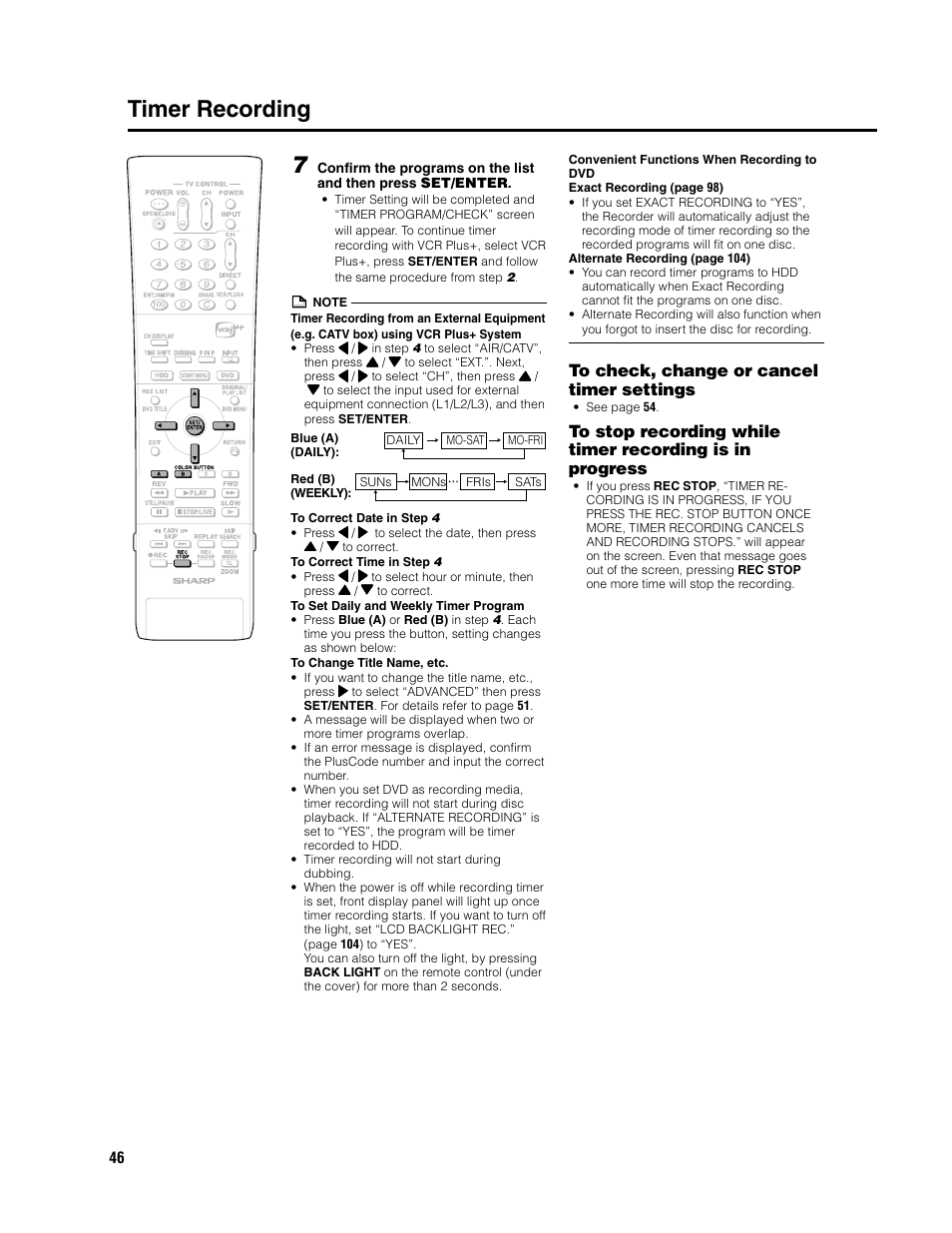 Timer recording 7 | Sharp DV-HR300U User Manual | Page 46 / 126