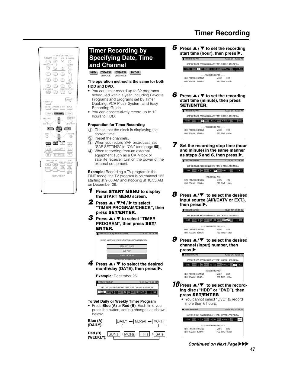 Timer recording 5, Press start menu to display the start menu screen, Continued on next page | Sharp DV-HR300U User Manual | Page 47 / 126