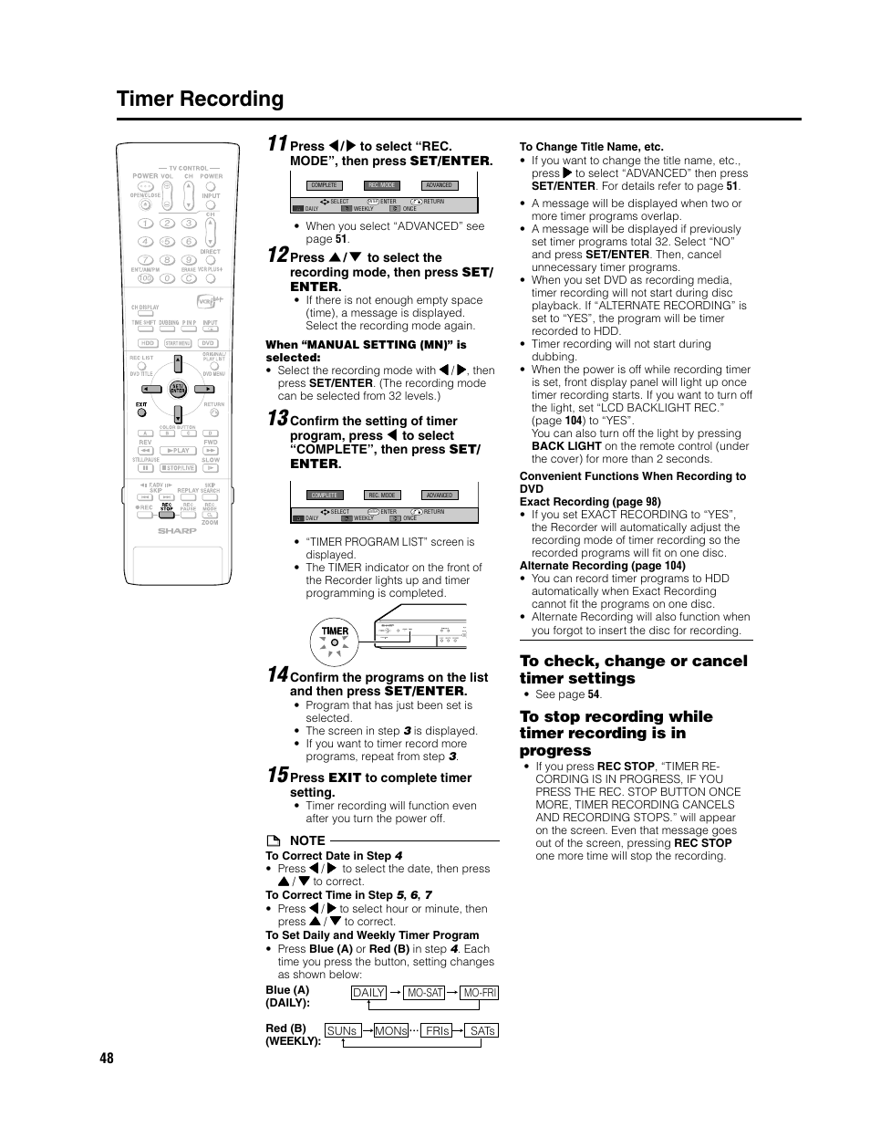 Timer recording | Sharp DV-HR300U User Manual | Page 48 / 126