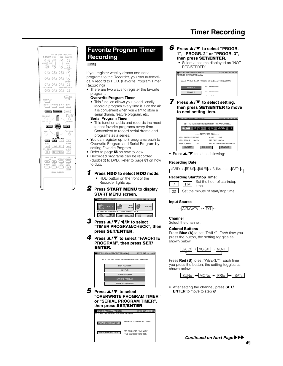 Timer recording, Favorite program timer recording, Press hdd to select hdd mode | Press start menu to display start menu screen, Continued on next page | Sharp DV-HR300U User Manual | Page 49 / 126