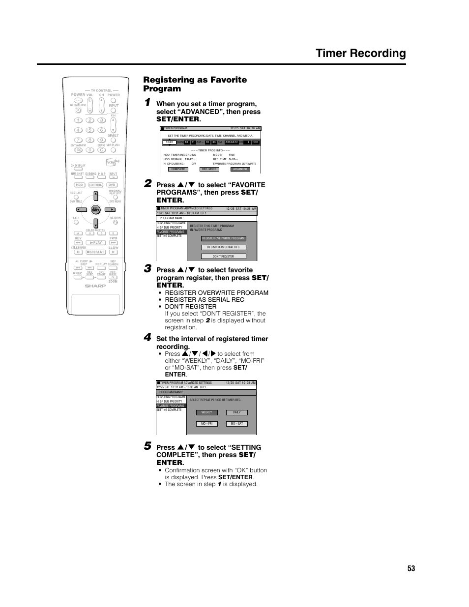 Timer recording, Registering as favorite program, Set the interval of registered timer recording | Sharp DV-HR300U User Manual | Page 53 / 126