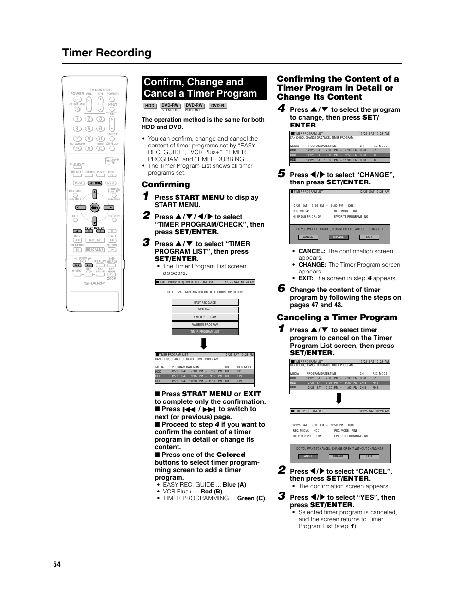 Timer recording, Confirm, change and cancel a timer program, Confirming | Canceling a timer program, Press start menu to display start menu, Press \ / | to select “yes”, then press set/enter, The timer program list screen appears, The confirmation screen appears | Sharp DV-HR300U User Manual | Page 54 / 126