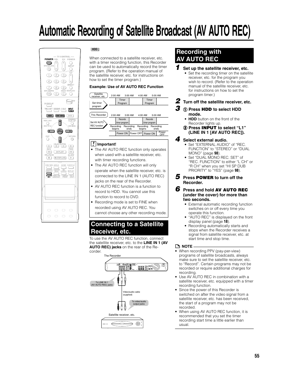 Connecting to a satellite receiver, etc, Recording with av auto rec | Sharp DV-HR300U User Manual | Page 55 / 126