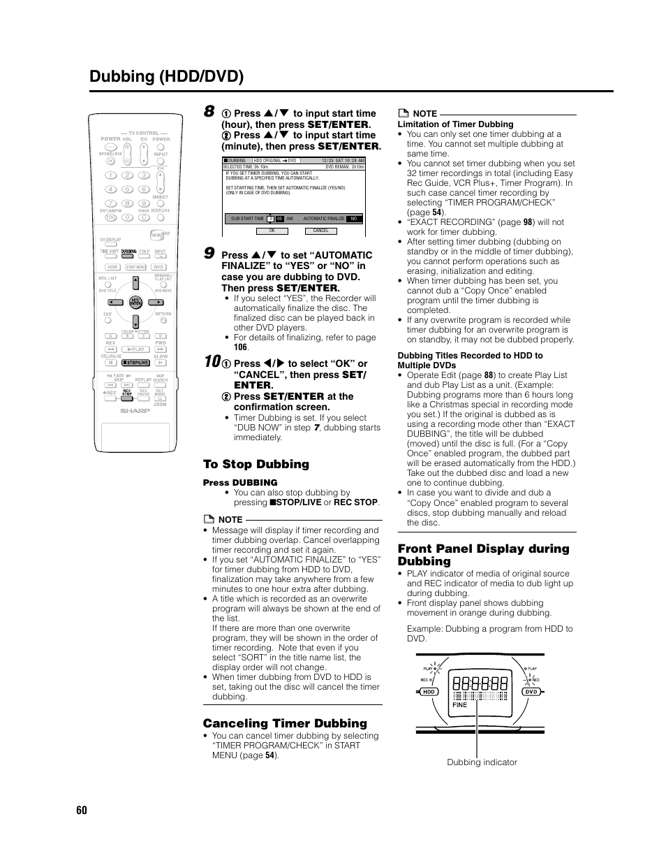 Dubbing (hdd/dvd) 8, Canceling timer dubbing, Front panel display during dubbing | Sharp DV-HR300U User Manual | Page 60 / 126