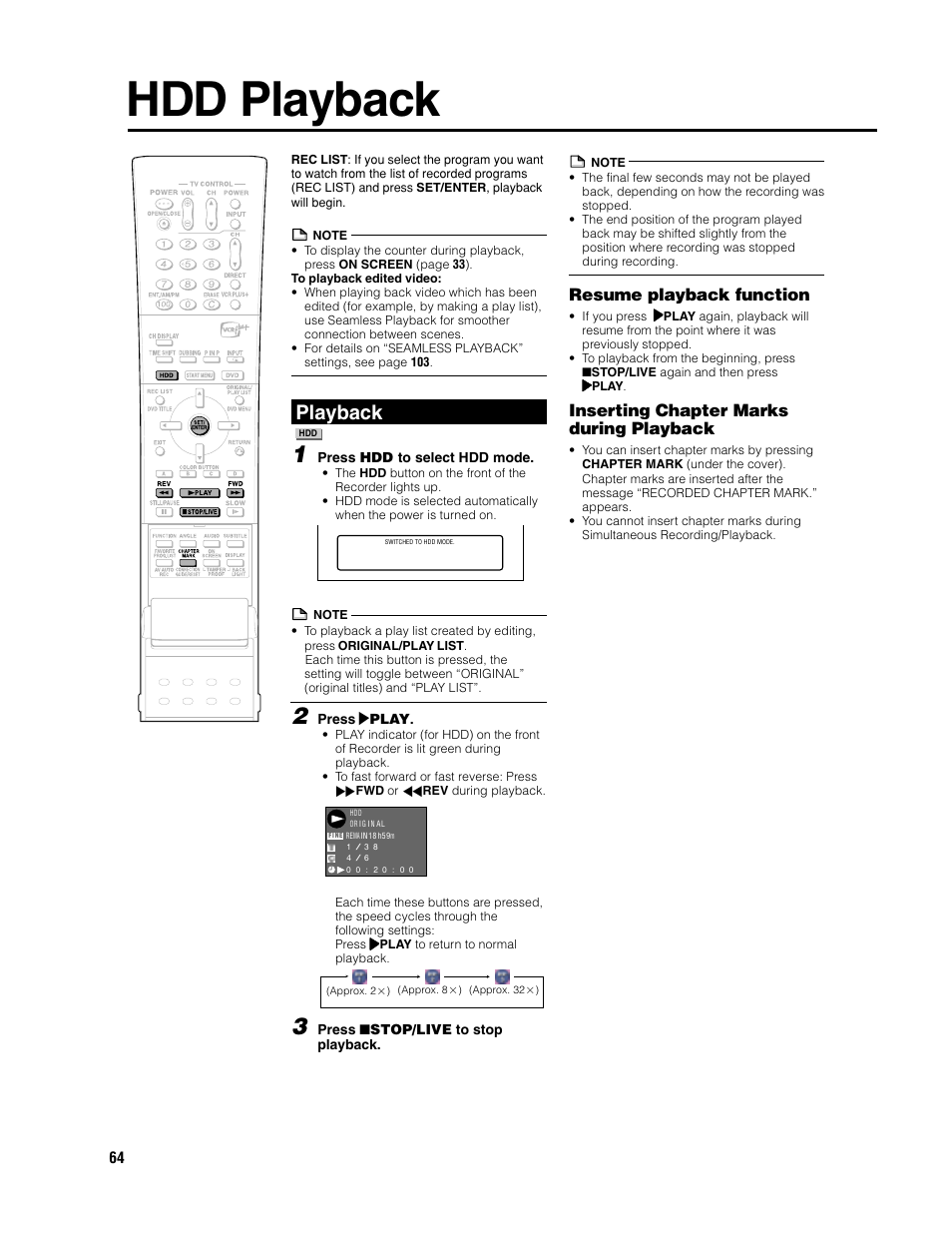 Hdd playback, Playback, Resume playback function | Inserting chapter marks during playback | Sharp DV-HR300U User Manual | Page 64 / 126