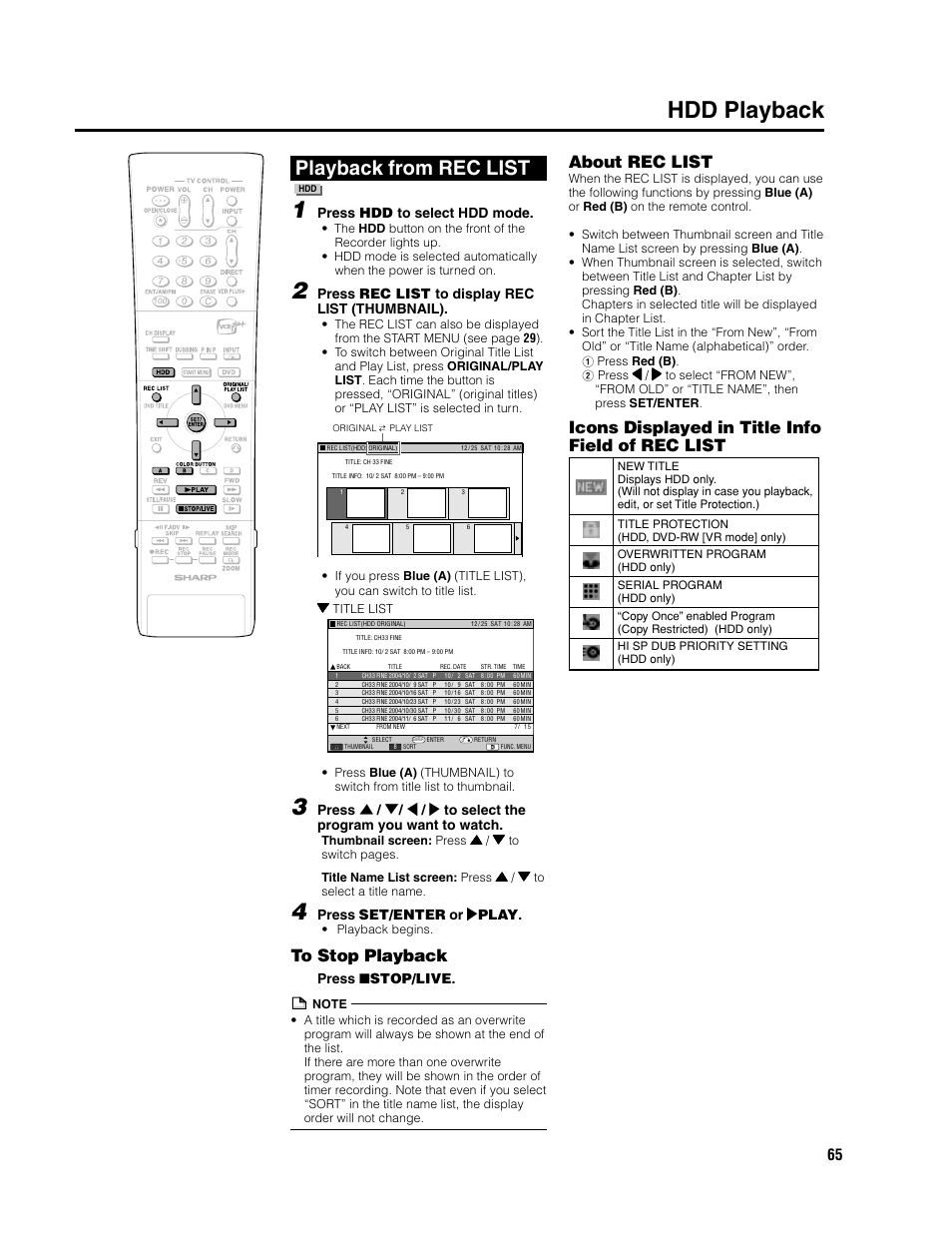 Hdd playback, Playback from rec list, About rec list | Icons displayed in title info field of rec list, Press hdd to select hdd mode, Press rec list to display rec list (thumbnail), Press set/enter or | play, Press ■ stop/live | Sharp DV-HR300U User Manual | Page 65 / 126