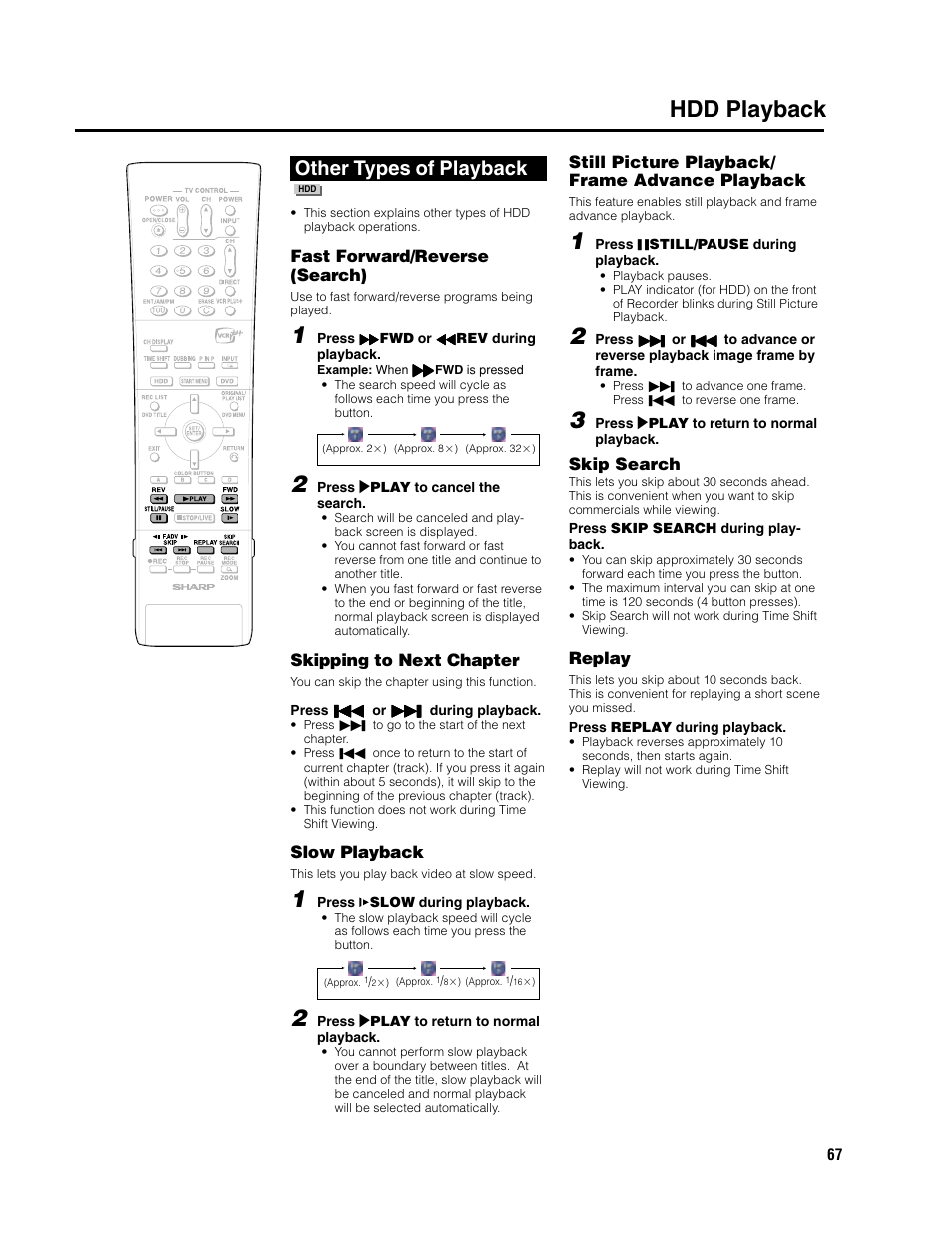 Hdd playback, Other types of playback, Fast forward/reverse (search) | Skipping to next chapter, Slow playback, Still picture playback/ frame advance playback, Skip search, Replay | Sharp DV-HR300U User Manual | Page 67 / 126