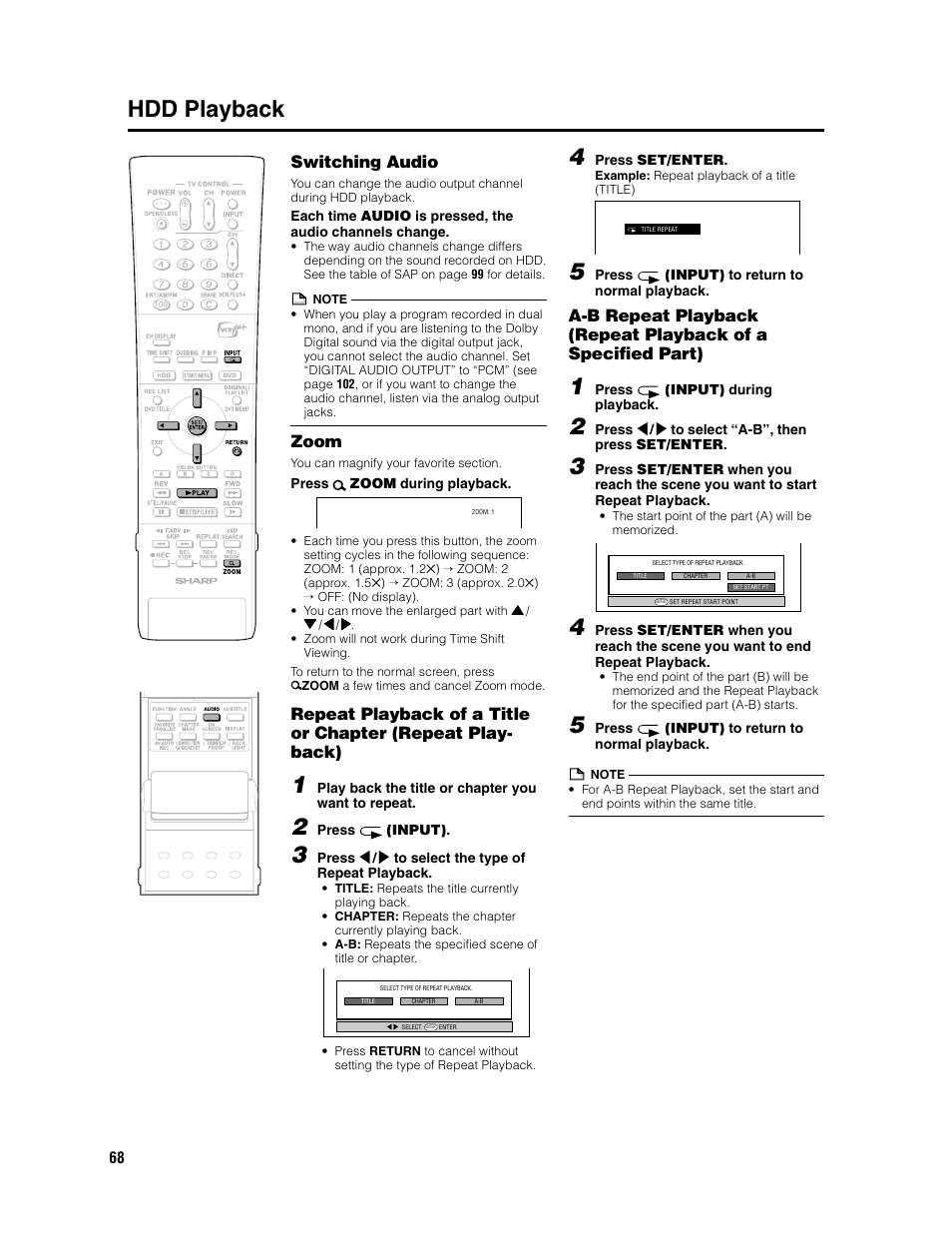 Hdd playback, Switching audio, Zoom | Sharp DV-HR300U User Manual | Page 68 / 126