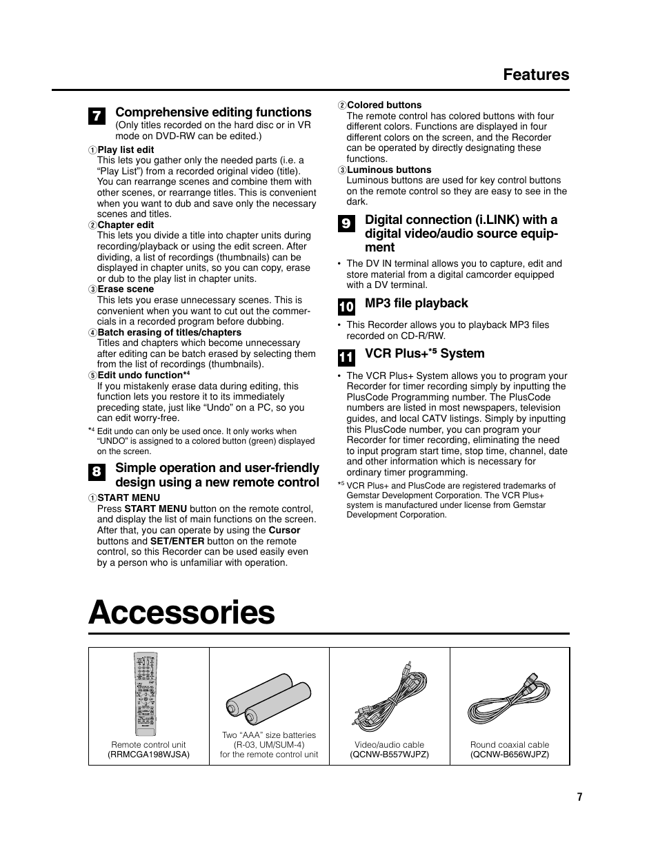 Accessories, Features | Sharp DV-HR300U User Manual | Page 7 / 126