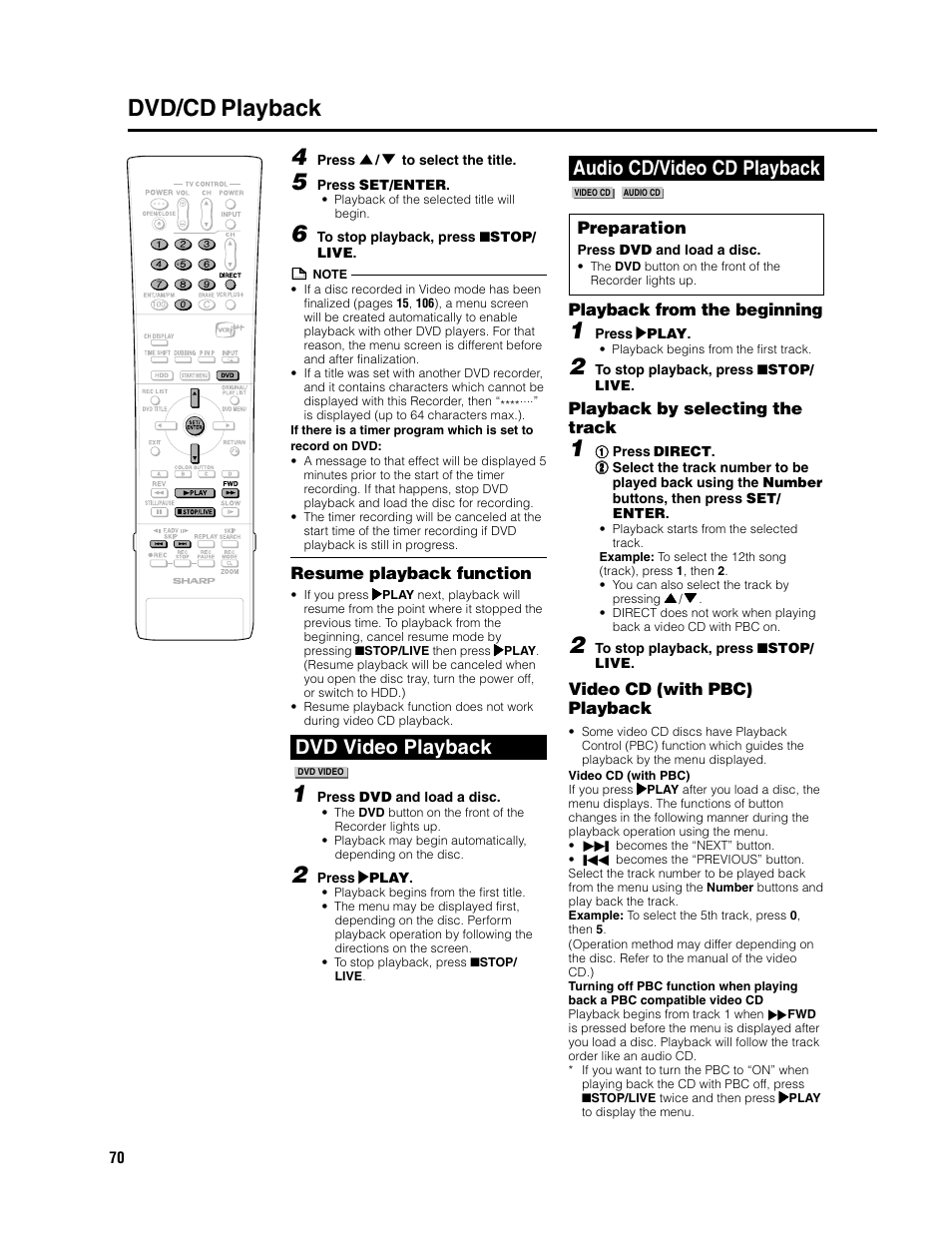 Dvd/cd playback, Audio cd/video cd playback, Dvd video playback | Preparation, Playback from the beginning, Playback by selecting the track, Video cd (with pbc) playback, Resume playback function | Sharp DV-HR300U User Manual | Page 70 / 126